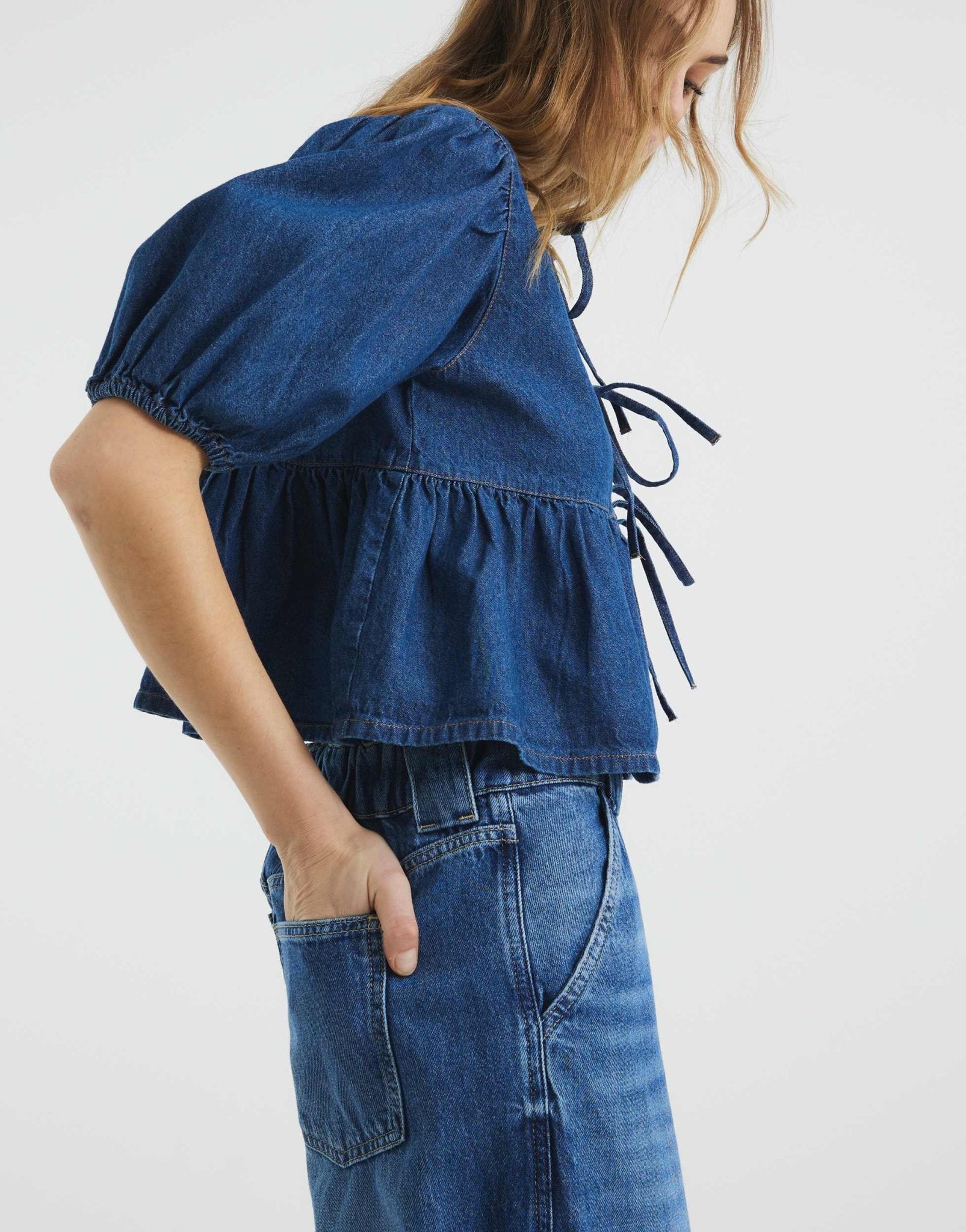 River Island denim puff sleeve top in mid blue - ASOS Sample Sale EU Store