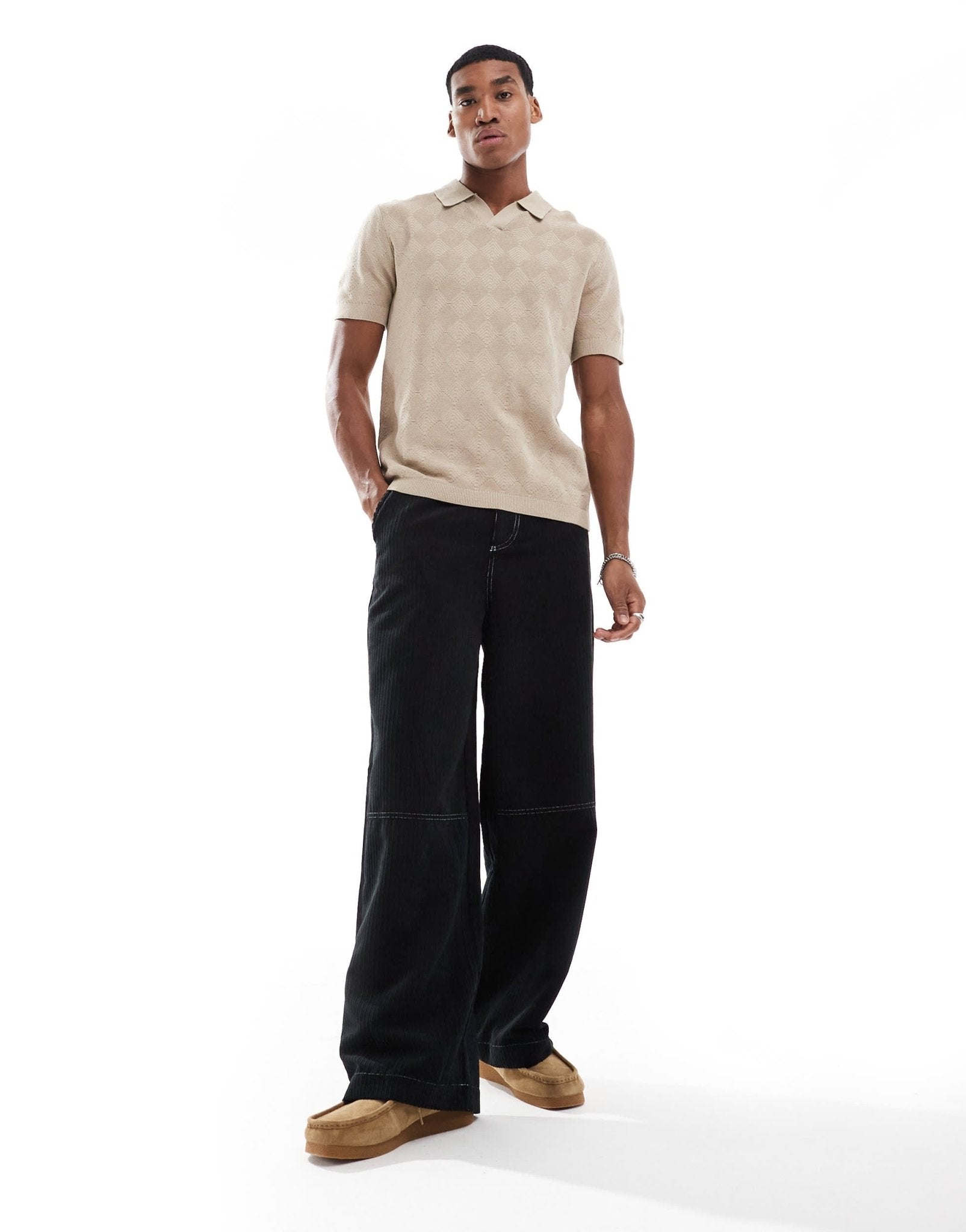 River Island diamond knit polo in stone - ASOS Sample Sale EU Store