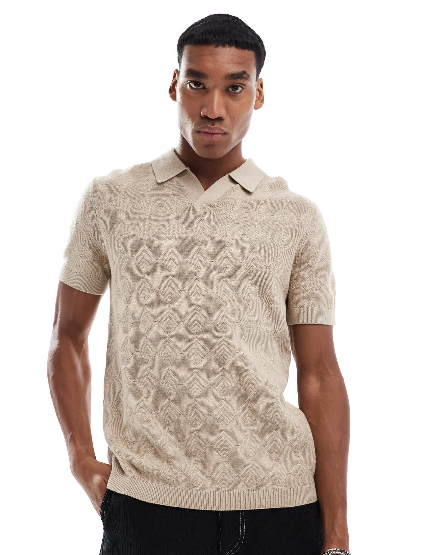 River Island diamond knit polo in stone - ASOS Sample Sale EU Store
