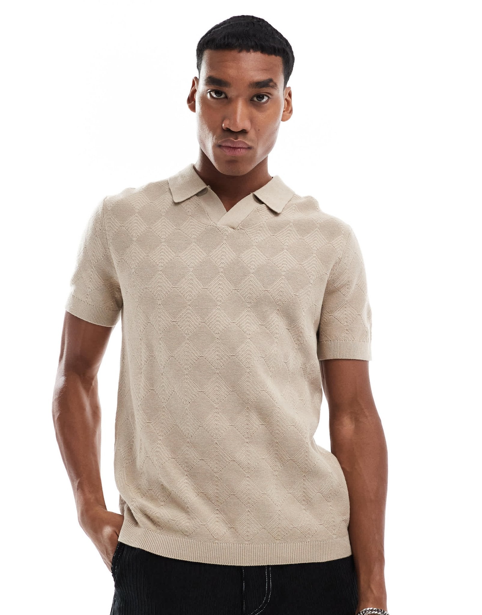 River Island diamond knit polo in stone - ASOS Sample Sale EU Store