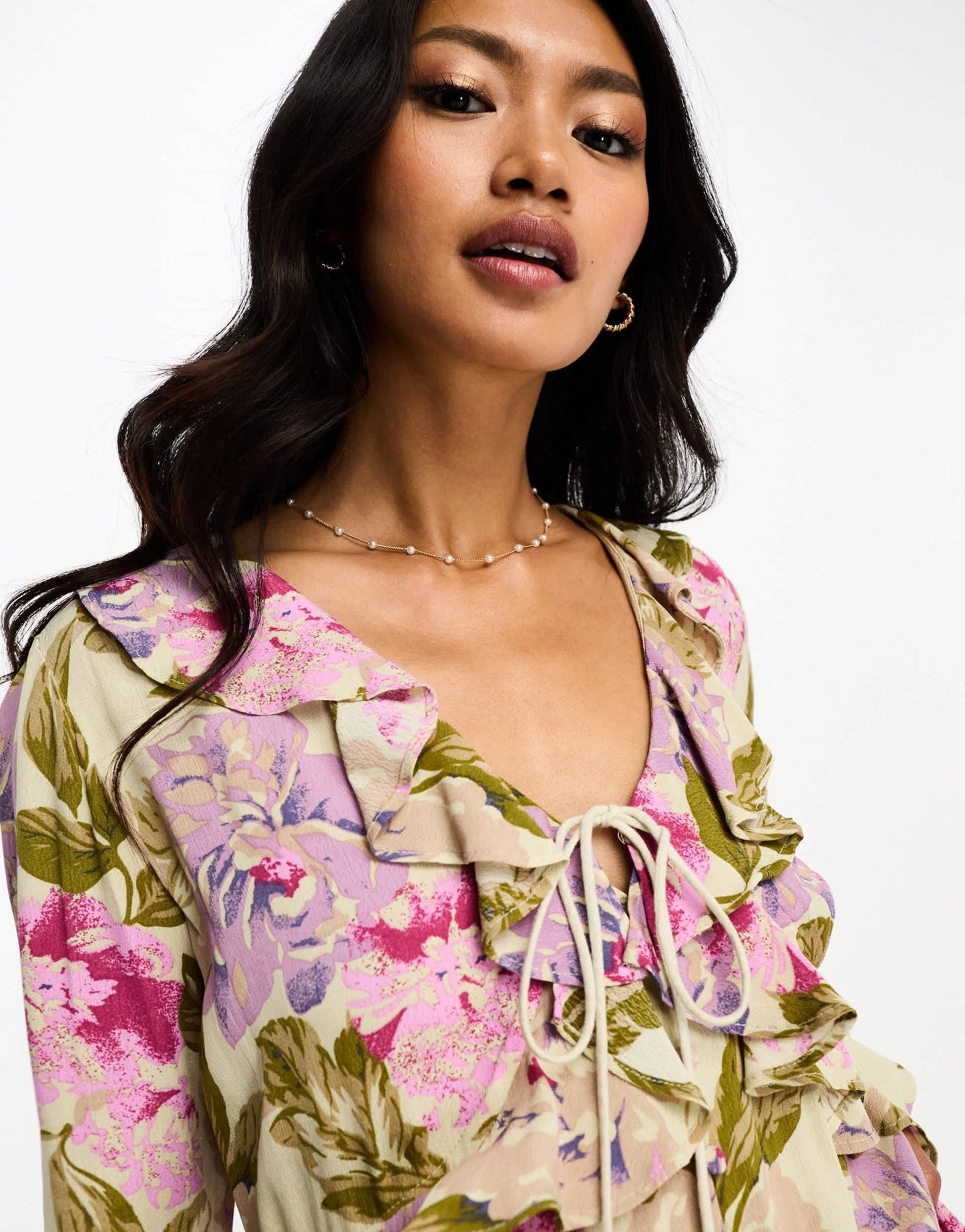 River Island floral tie front ruffle mini dress in pink - ASOS Sample Sale EU Store