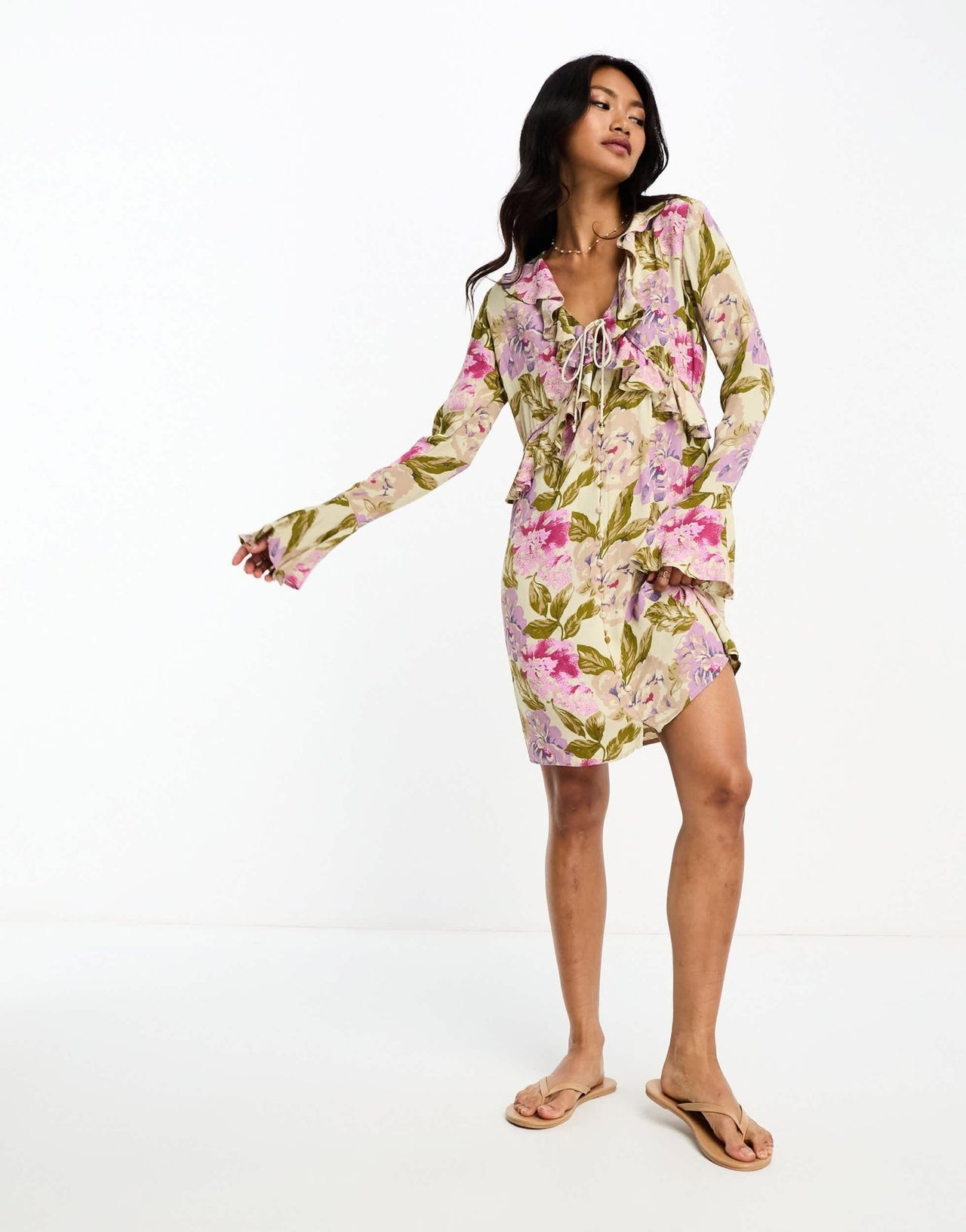 River Island floral tie front ruffle mini dress in pink - ASOS Sample Sale EU Store