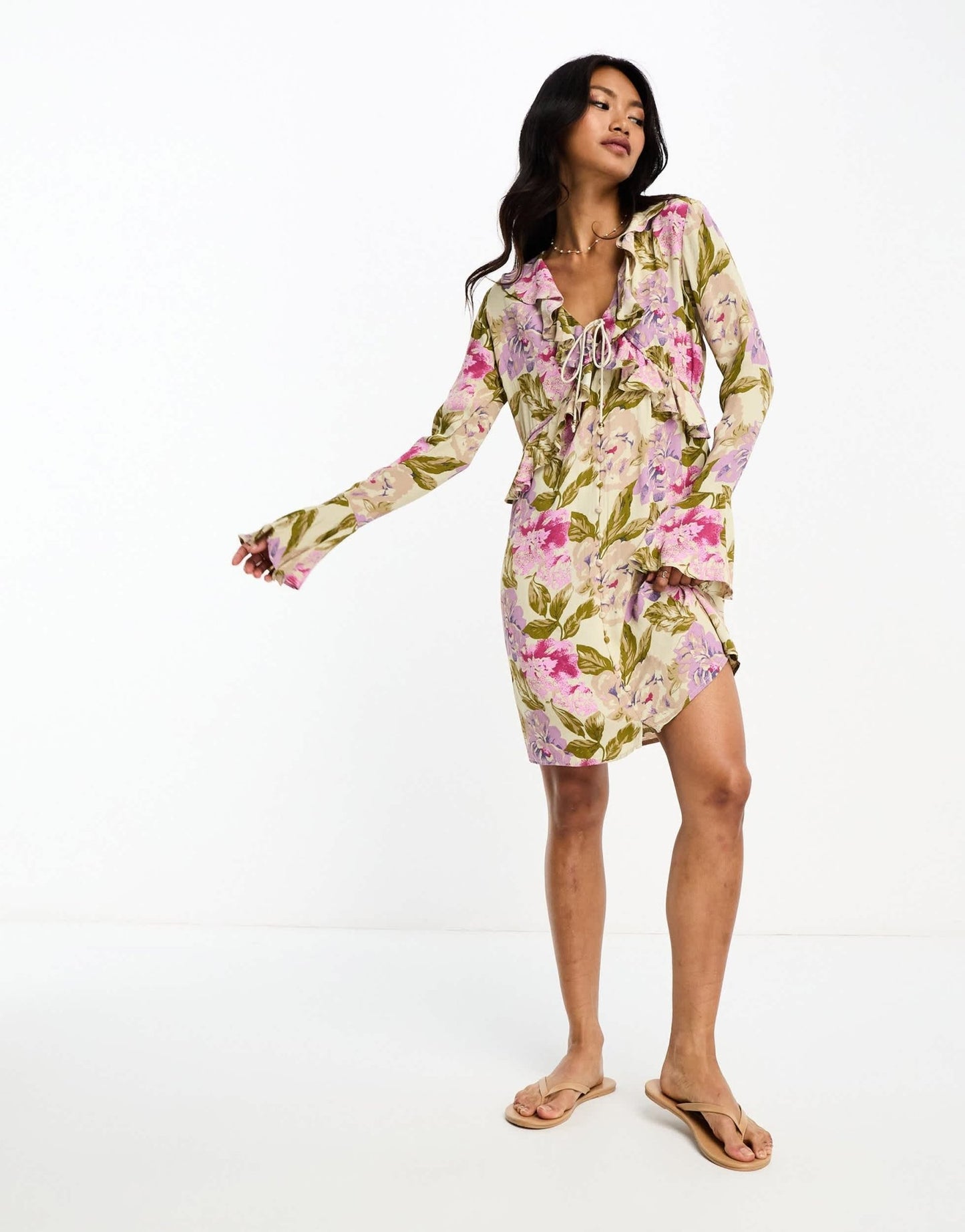 River Island floral tie front ruffle mini dress in pink - ASOS Sample Sale EU Store