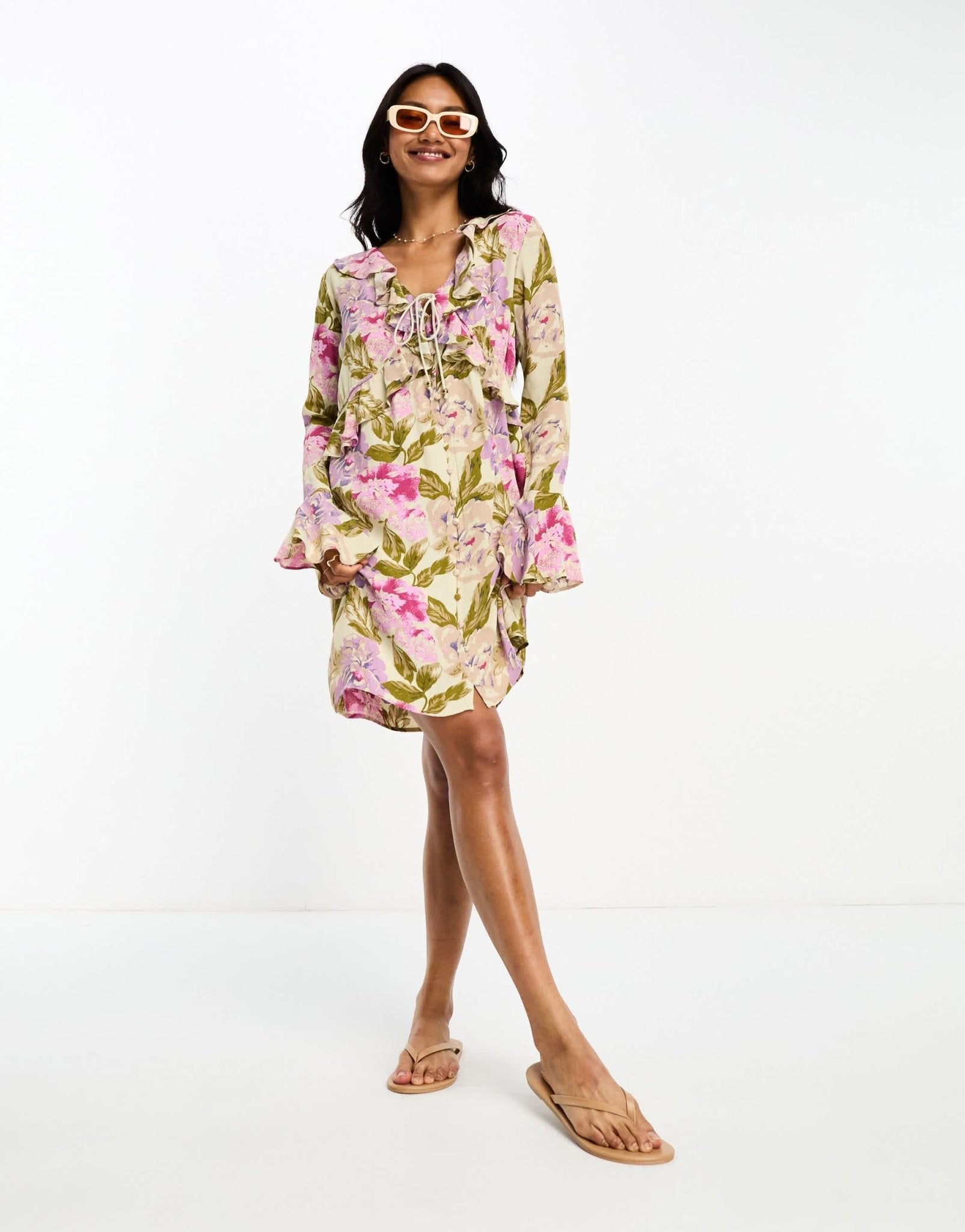 River Island floral tie front ruffle mini dress in pink - ASOS Sample Sale EU Store