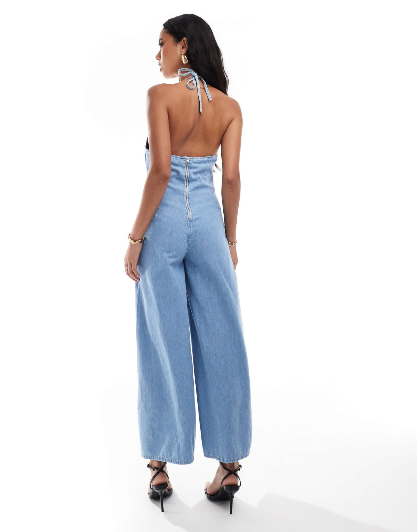 River Island halter denim jumpsuit in lightwash blue - ASOS Sample Sale EU Store