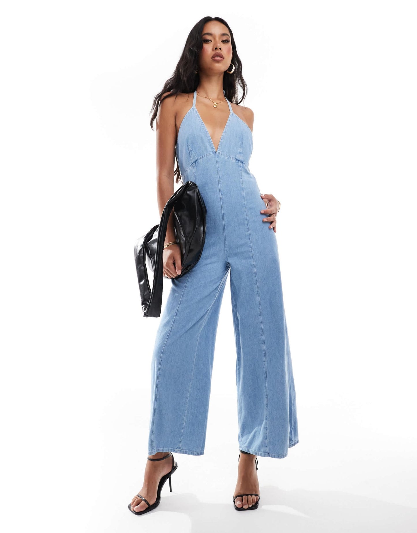 River Island halter denim jumpsuit in lightwash blue - ASOS Sample Sale EU Store