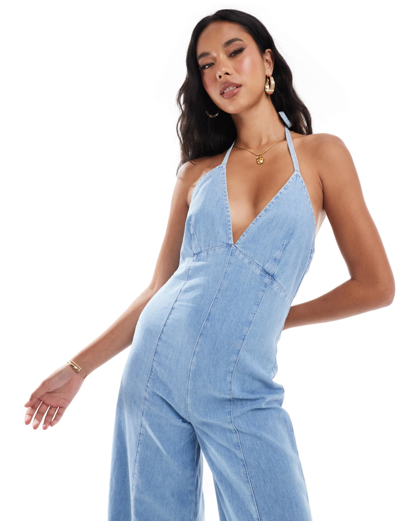 River Island halter denim jumpsuit in lightwash blue - ASOS Sample Sale EU Store