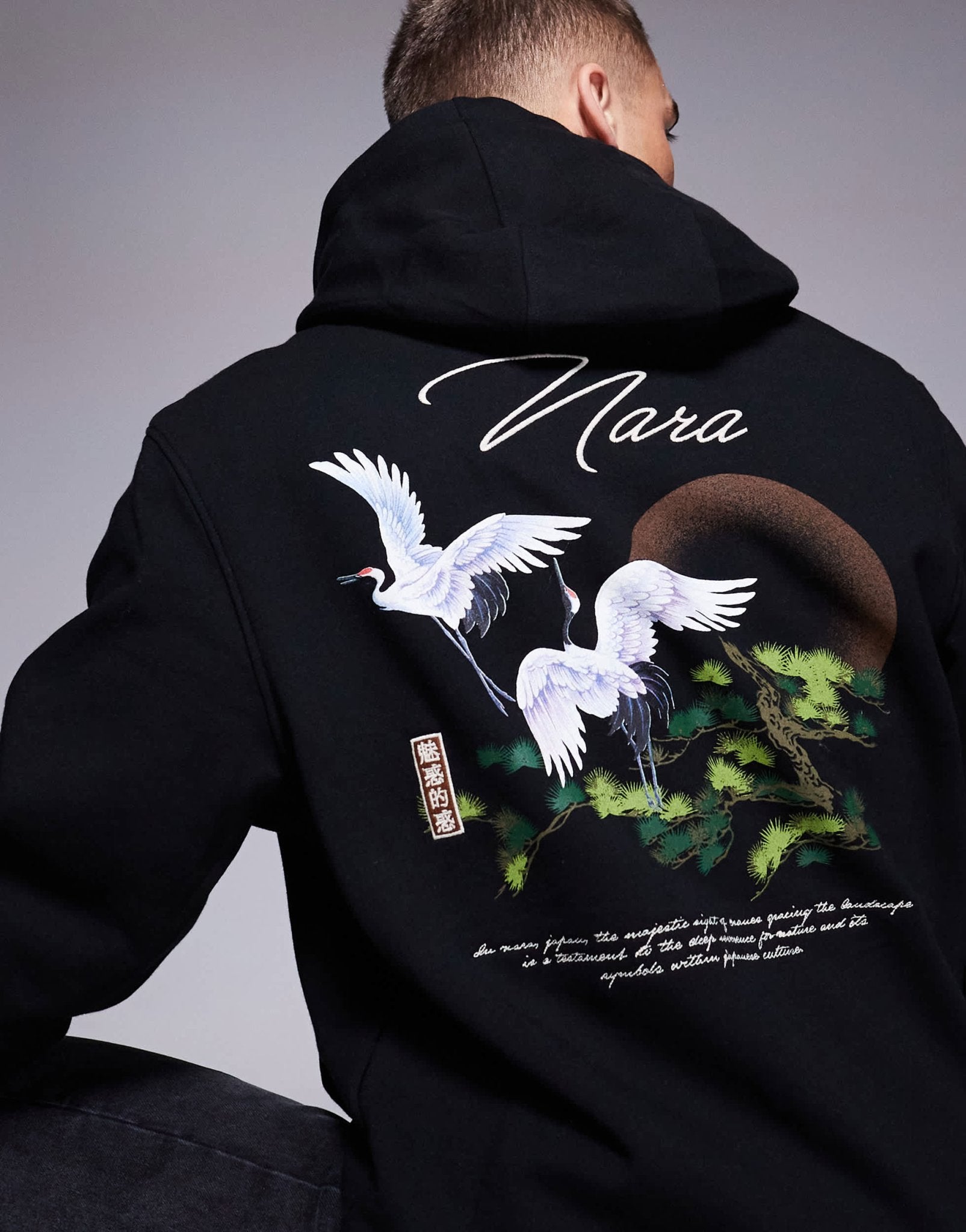 River Island Japanese crane back print hoodie in black - ASOS Sample Sale EU Store