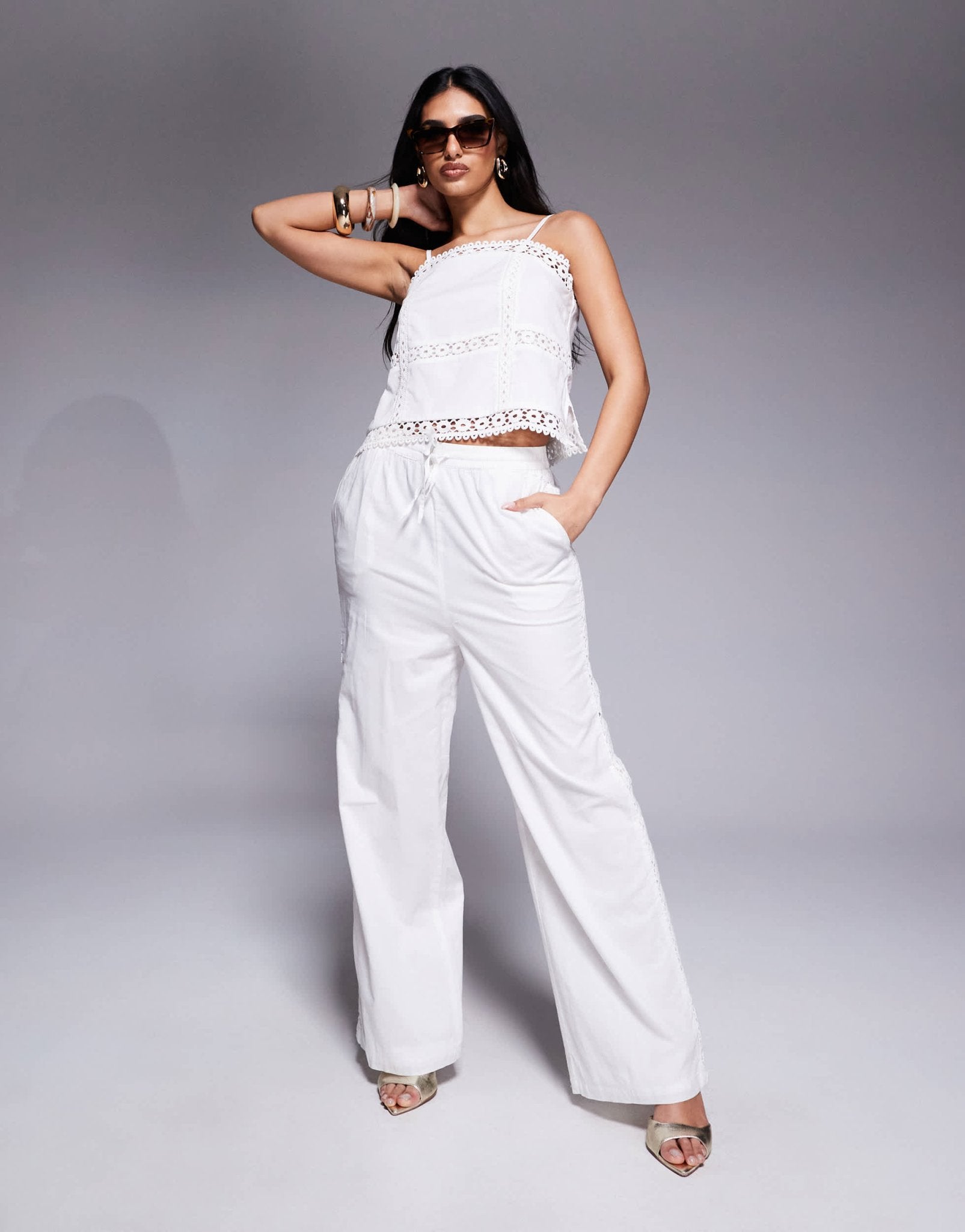 River Island lace insert trouser co - ord in white - ASOS Sample Sale EU Store