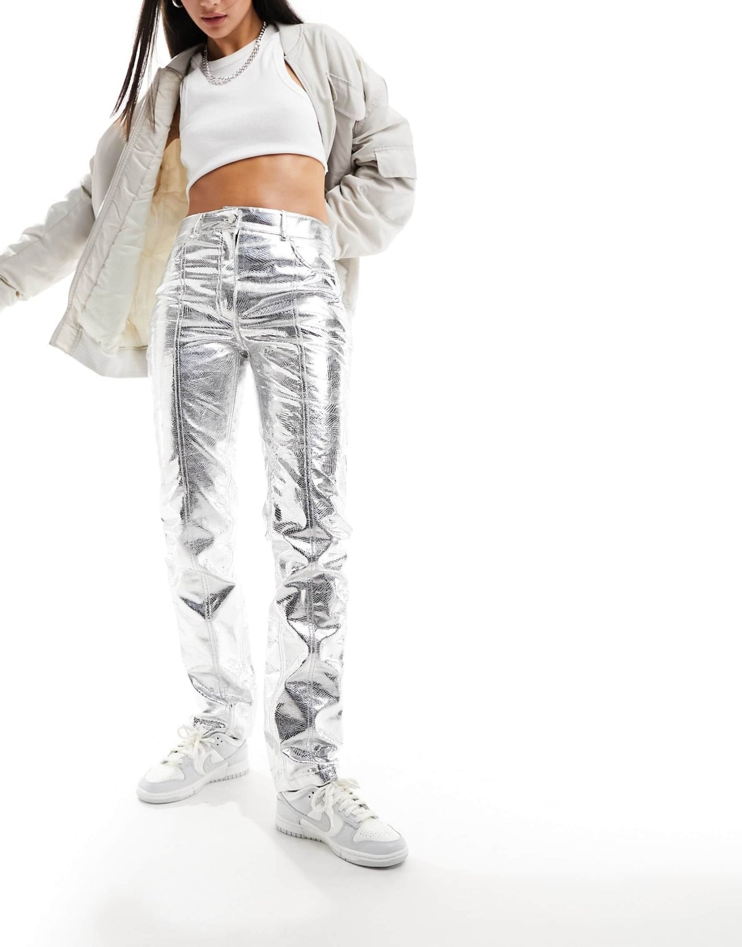 River Island metallic straight leg trouser in silver - ASOS Sample Sale EU Store