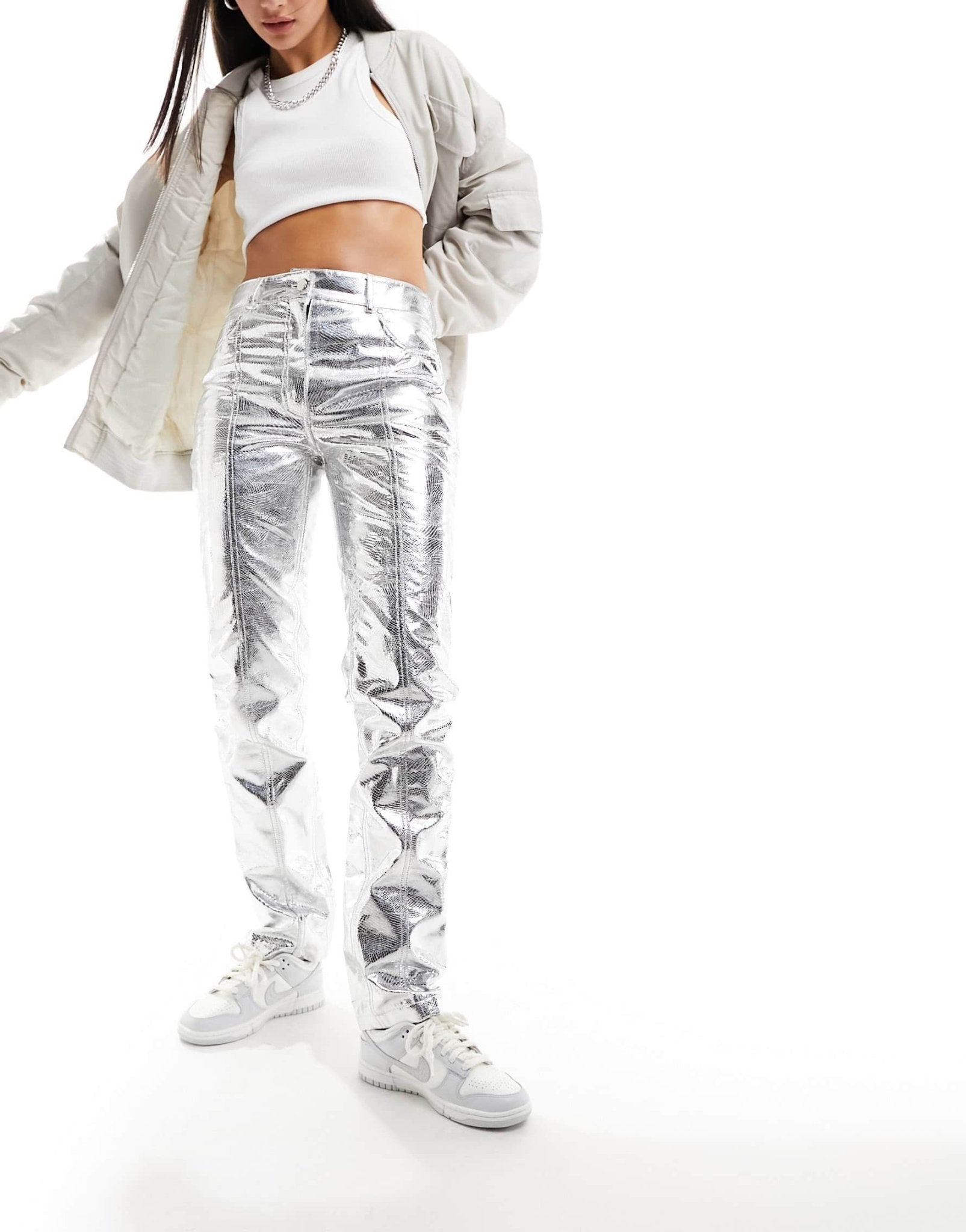 River Island metallic straight leg trouser in silver - ASOS Sample Sale EU Store