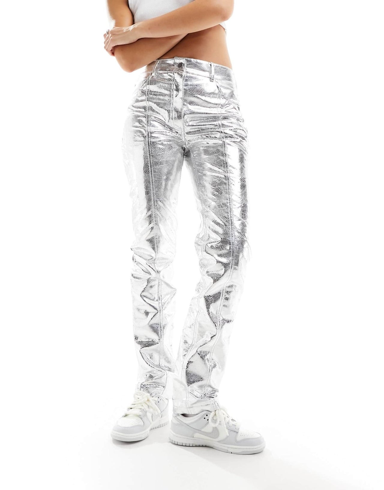 River Island metallic straight leg trouser in silver - ASOS Sample Sale EU Store