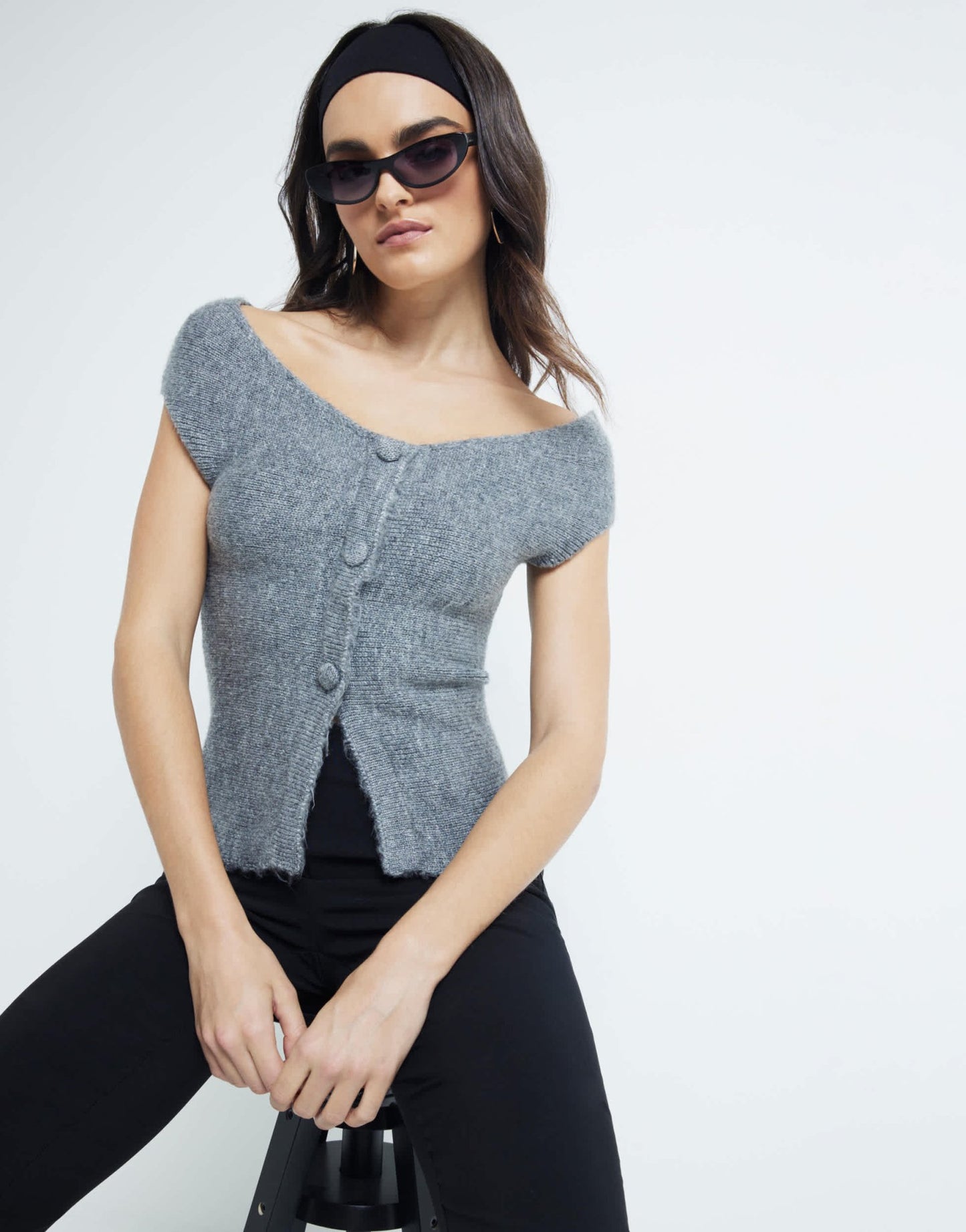 River Island off shoulder knitted top in grey - ASOS Sample Sale EU Store