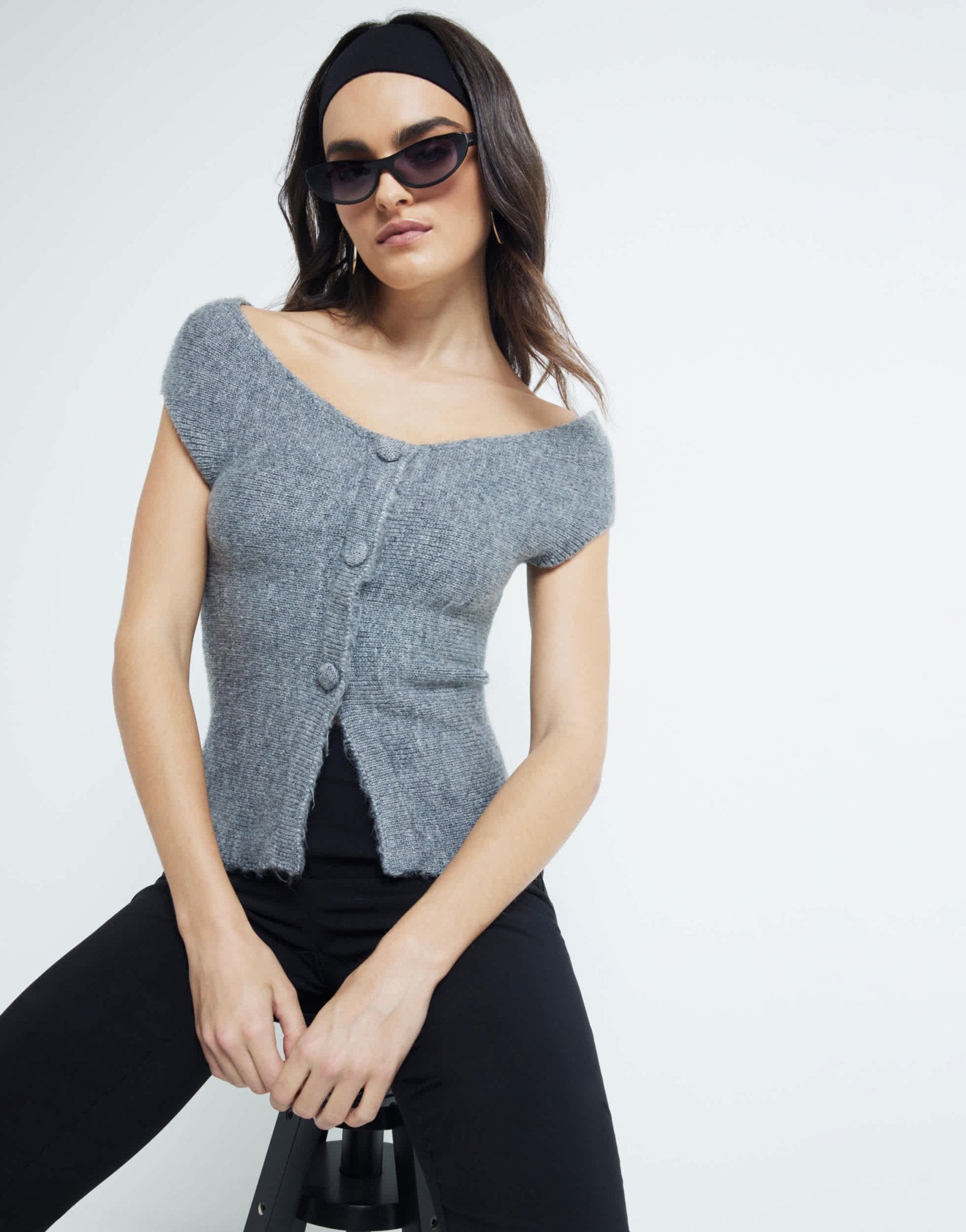 River Island off shoulder knitted top in grey - ASOS Sample Sale EU Store
