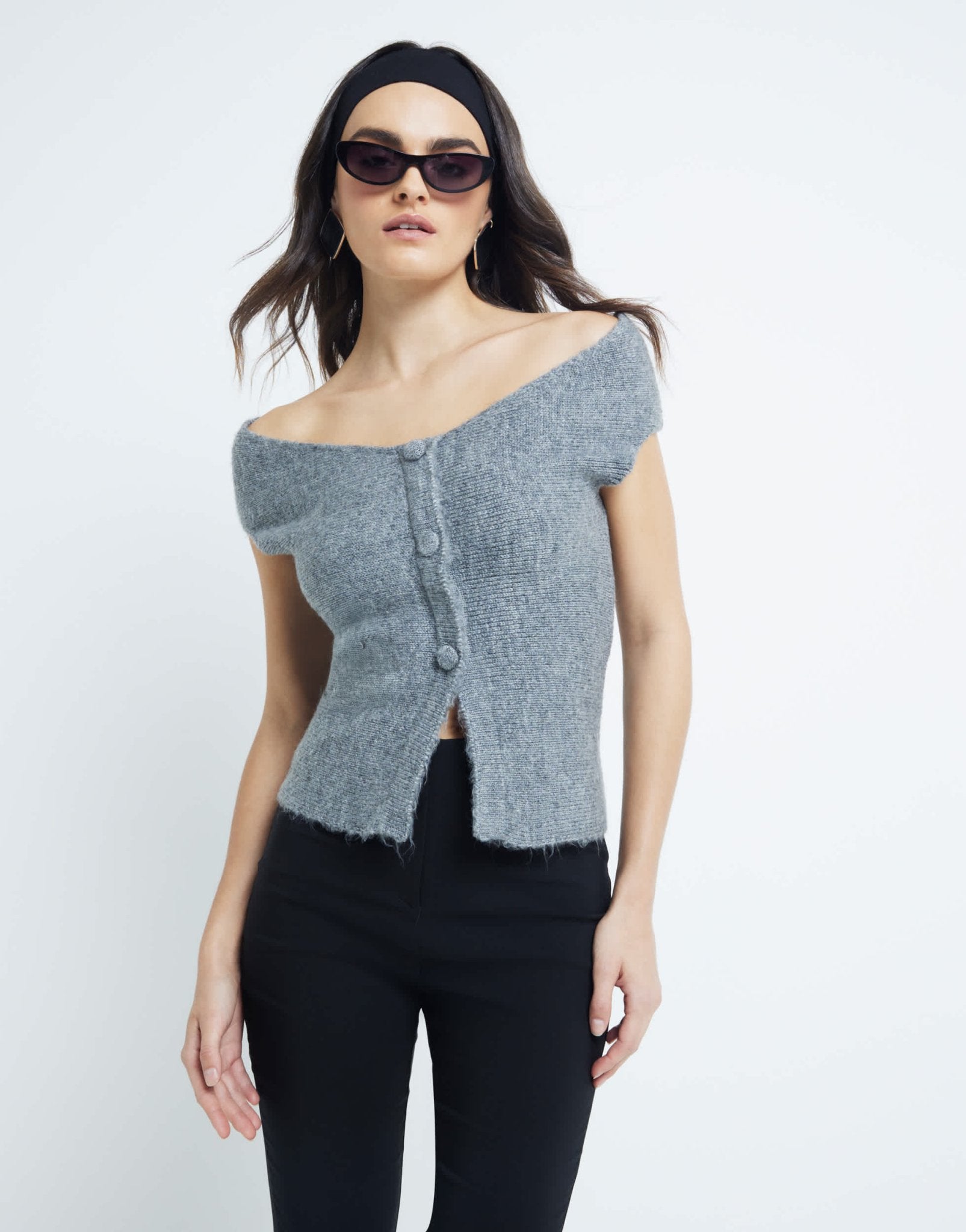 River Island off shoulder knitted top in grey - ASOS Sample Sale EU Store