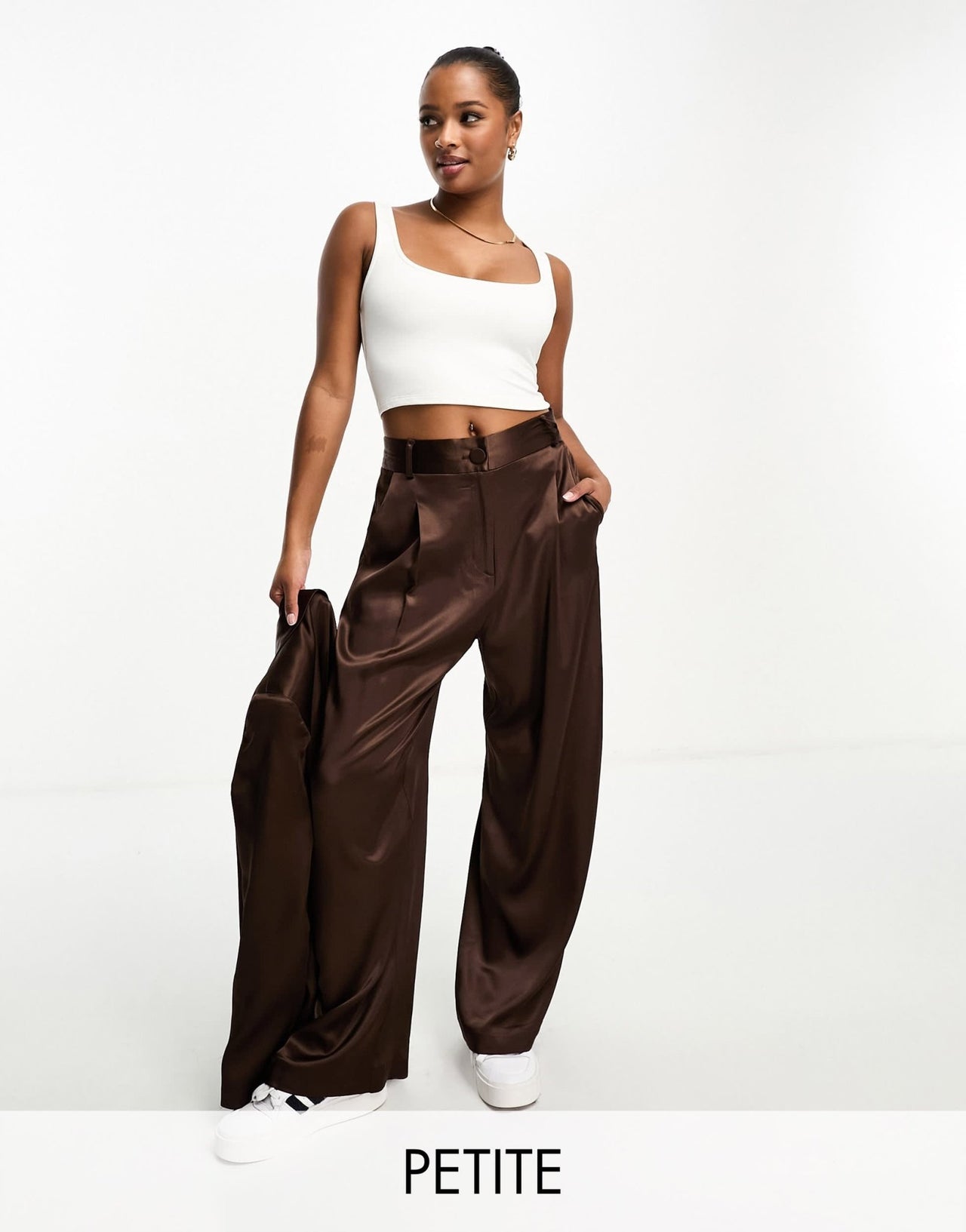 River Island Petite co - ord wide leg pleated dad trousers in dark brown - ASOS Sample Sale EU Store