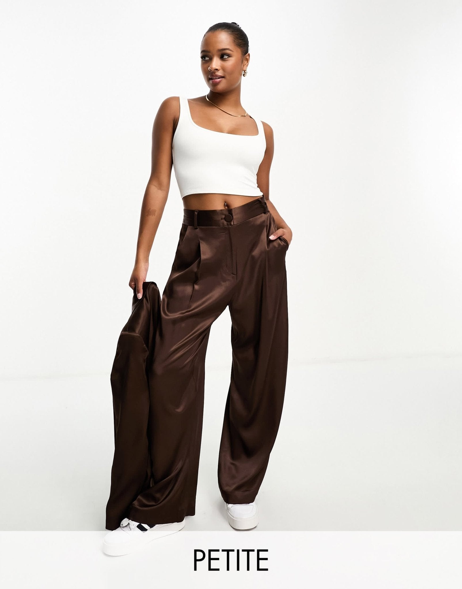 River Island Petite co - ord wide leg pleated dad trousers in dark brown - ASOS Sample Sale EU Store