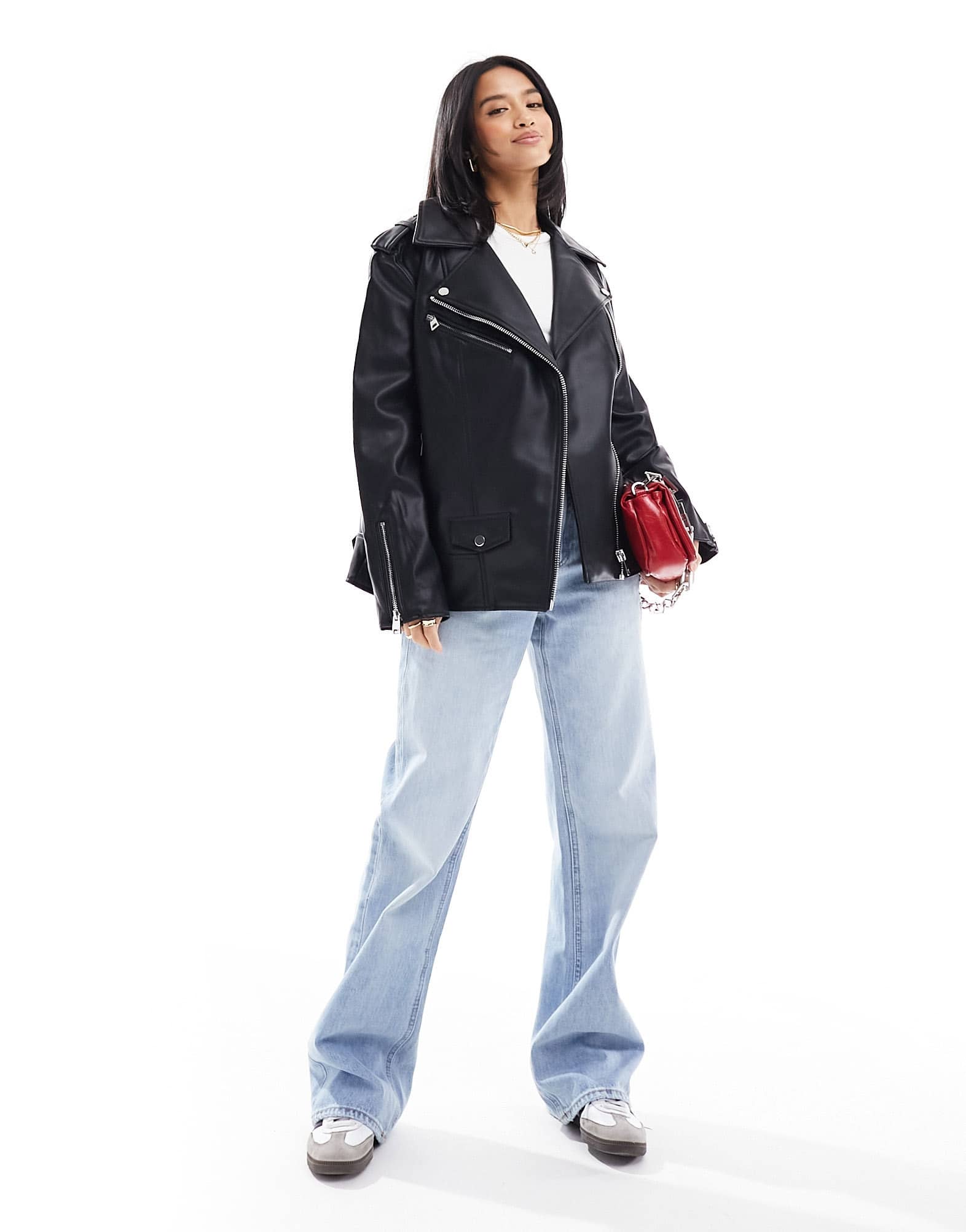 River Island petite faux leather oversized biker jacket in black - ASOS Sample Sale EU Store