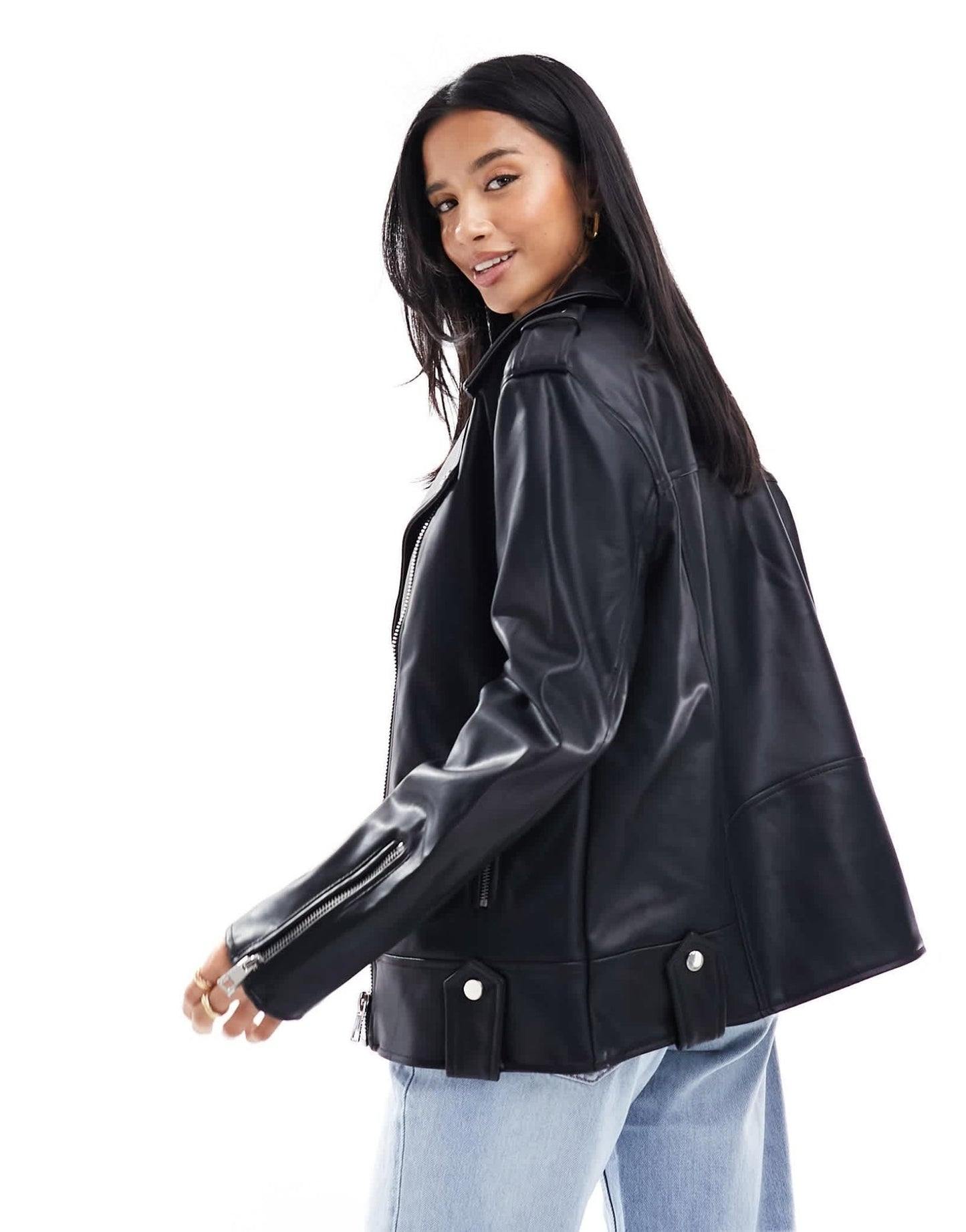 River Island petite faux leather oversized biker jacket in black - ASOS Sample Sale EU Store