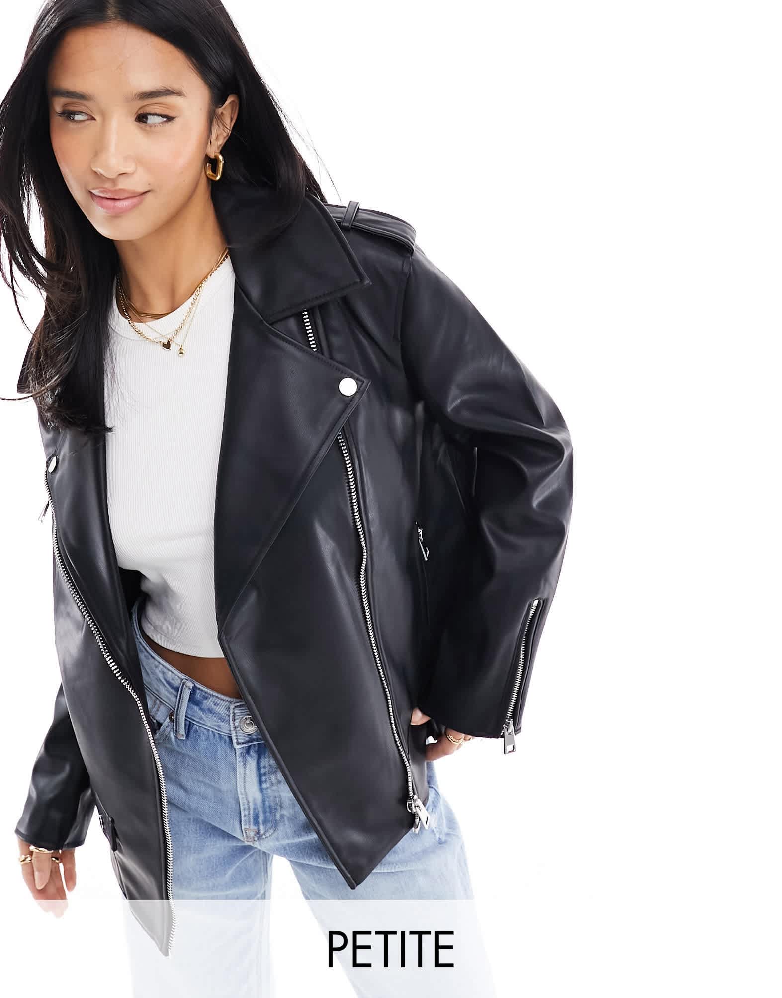 River Island petite faux leather oversized biker jacket in black - ASOS Sample Sale EU Store