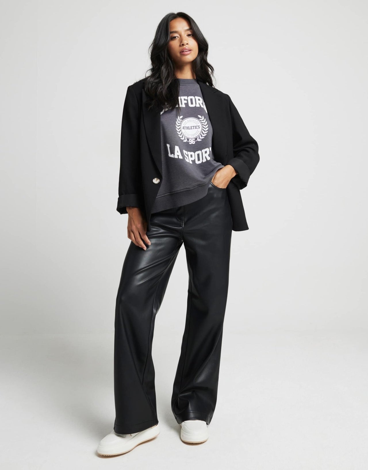 River Island Petite faux leather straight leg trouser in black - ASOS Sample Sale EU Store