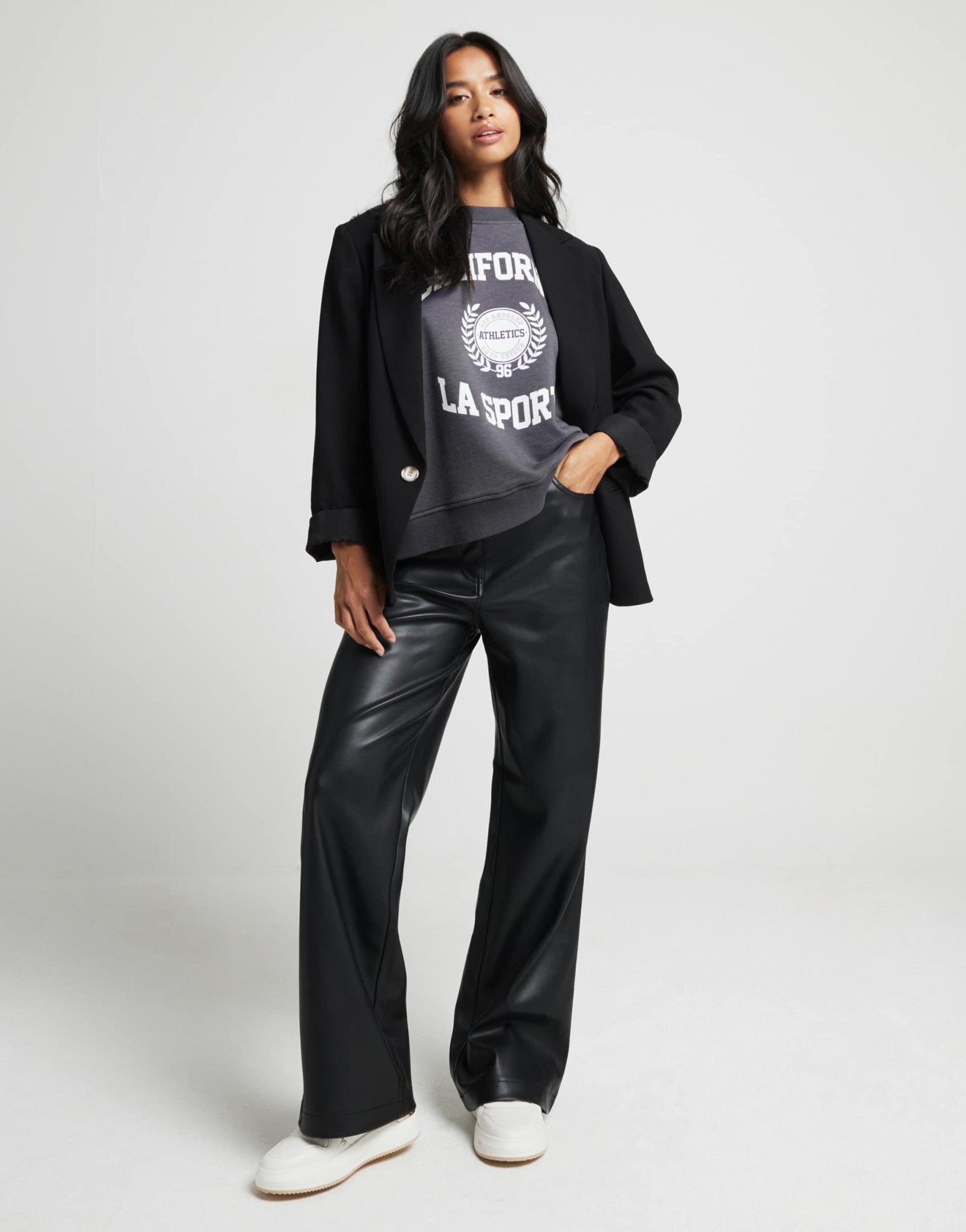 River Island Petite faux leather straight leg trouser in black - ASOS Sample Sale EU Store