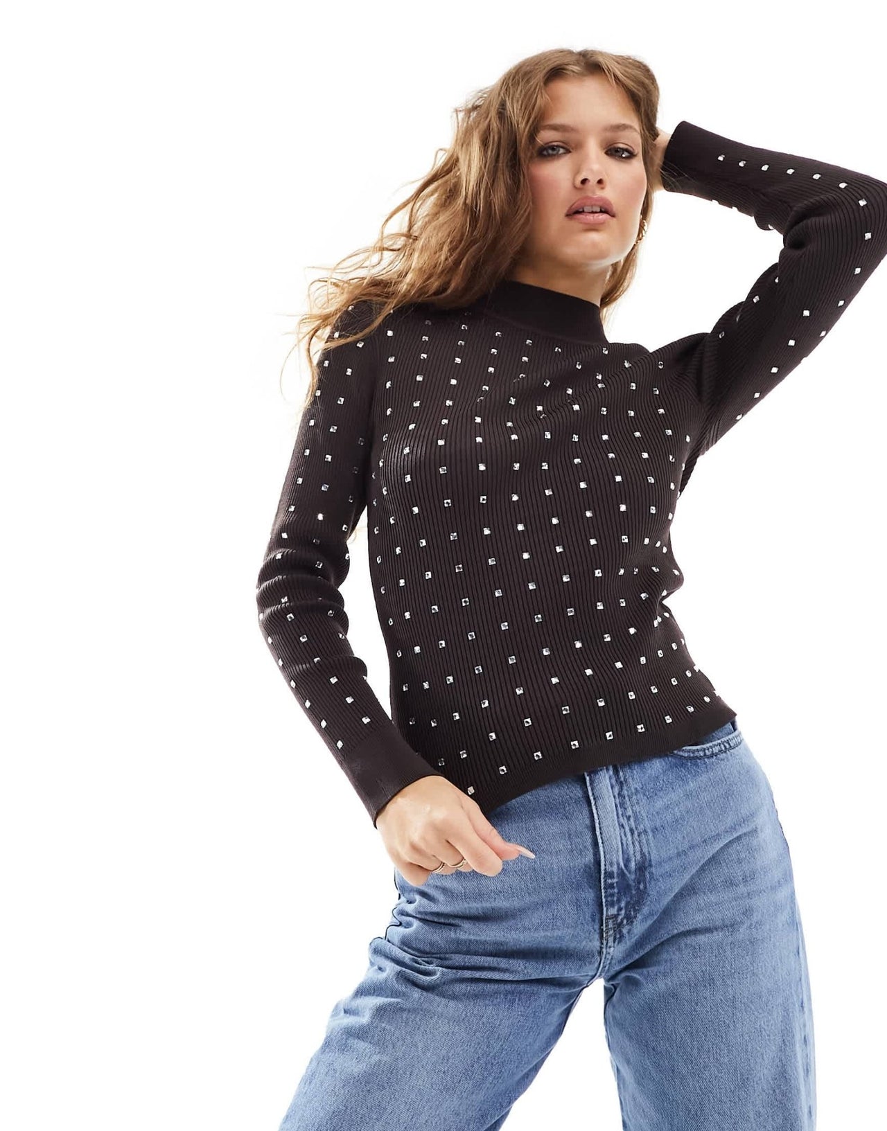 River Island Petite heatseal roll neck top in dark brown - ASOS Sample Sale EU Store