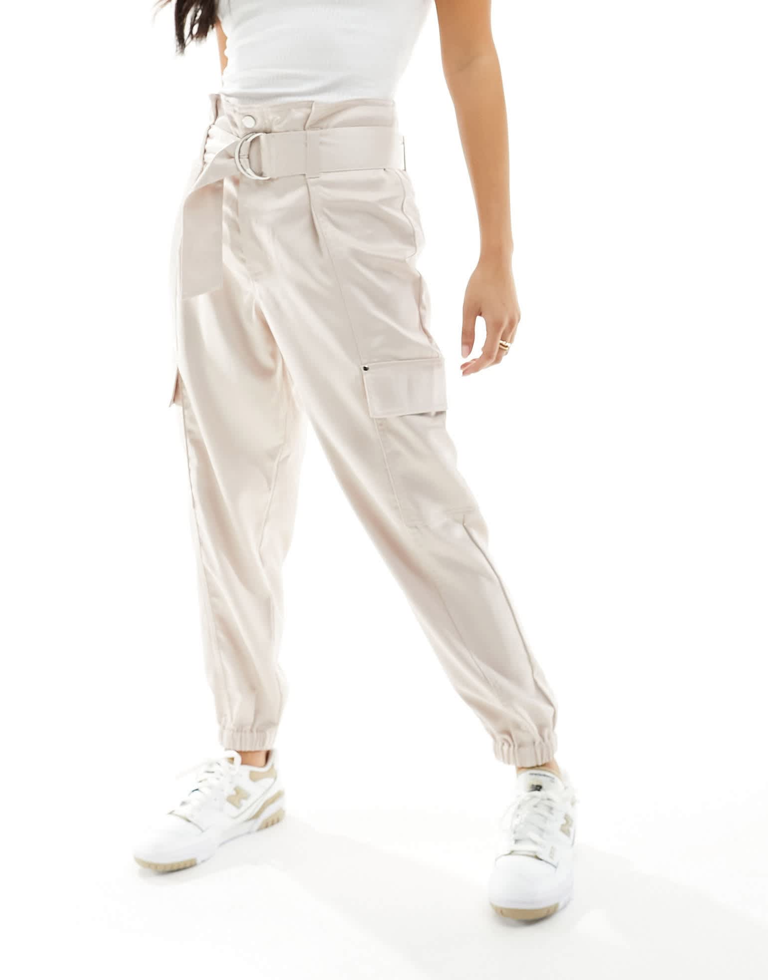 River Island Petite satin paperbag waist trousers in champagne - ASOS Sample Sale EU Store