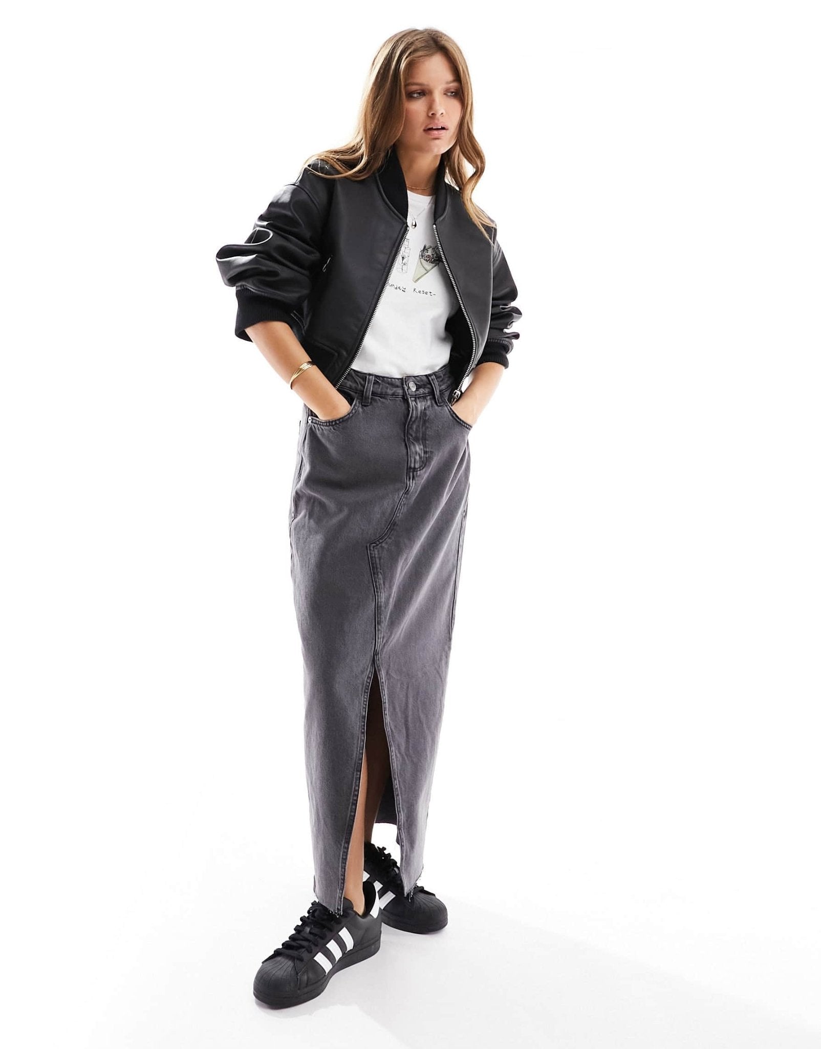 River Island Petite split front denim midaxi skirt in dark grey - ASOS Sample Sale EU Store