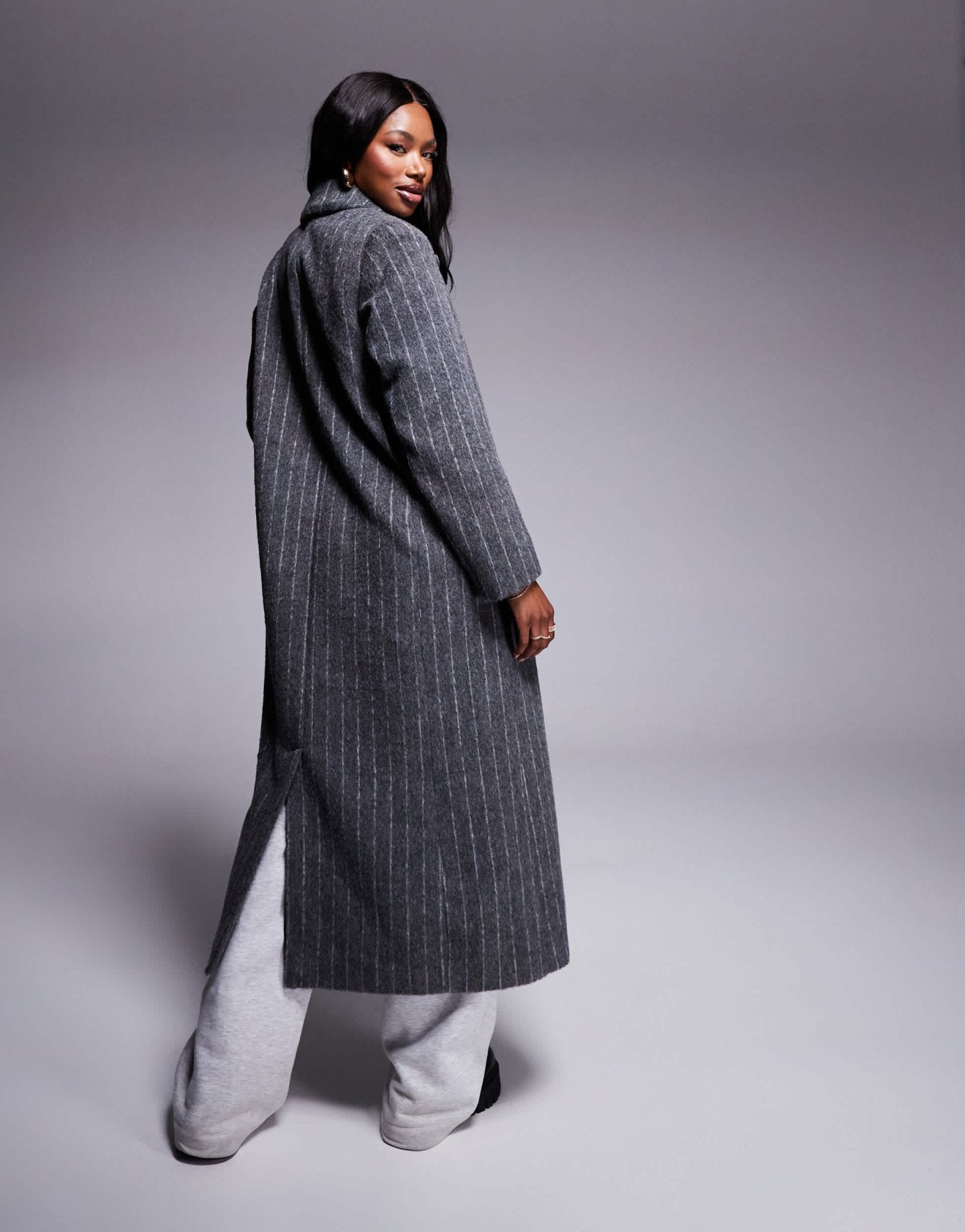 River Island pinstripe double breasted coat in dark grey - ASOS Sample Sale EU Store