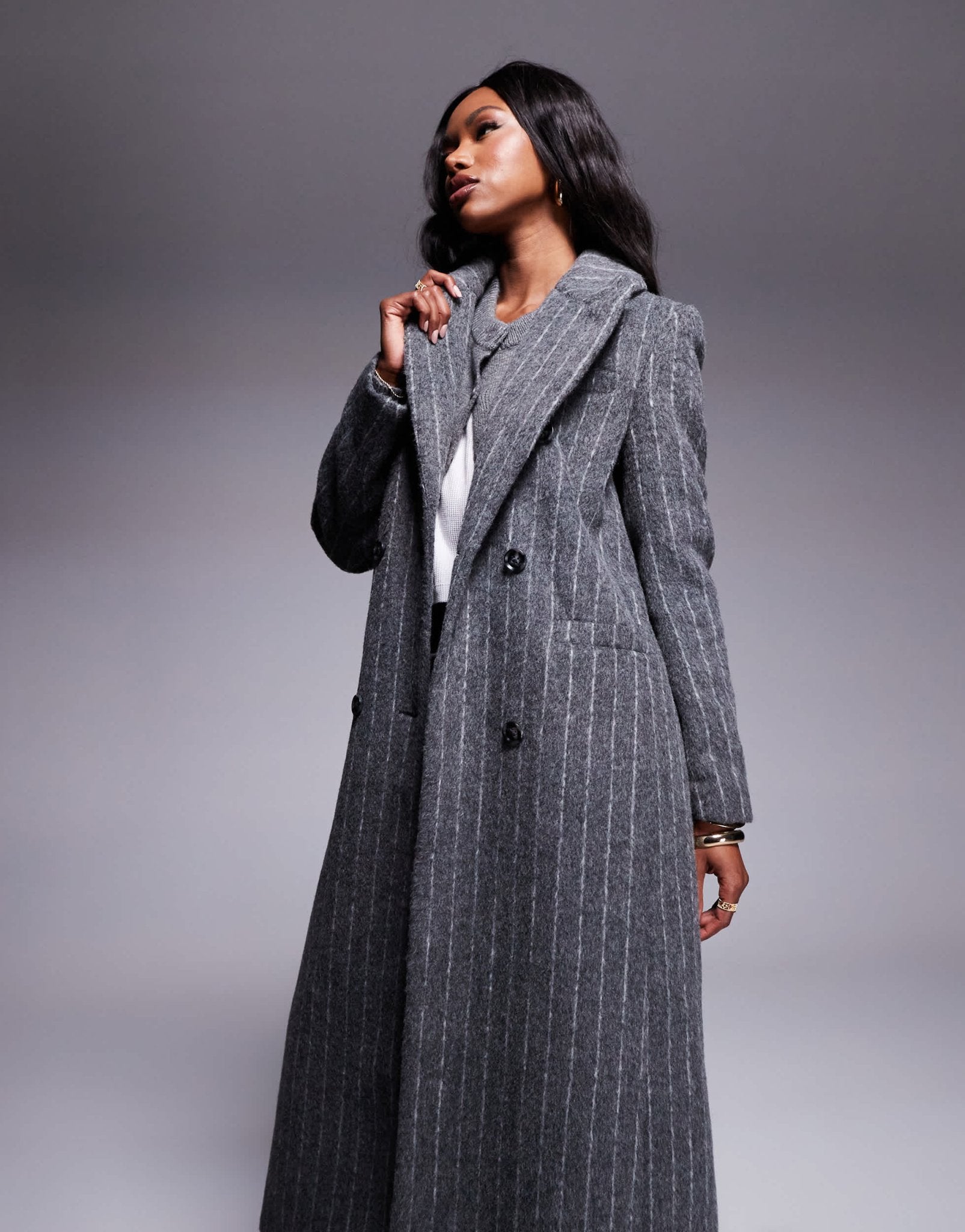 River Island pinstripe double breasted coat in dark grey - ASOS Sample Sale EU Store