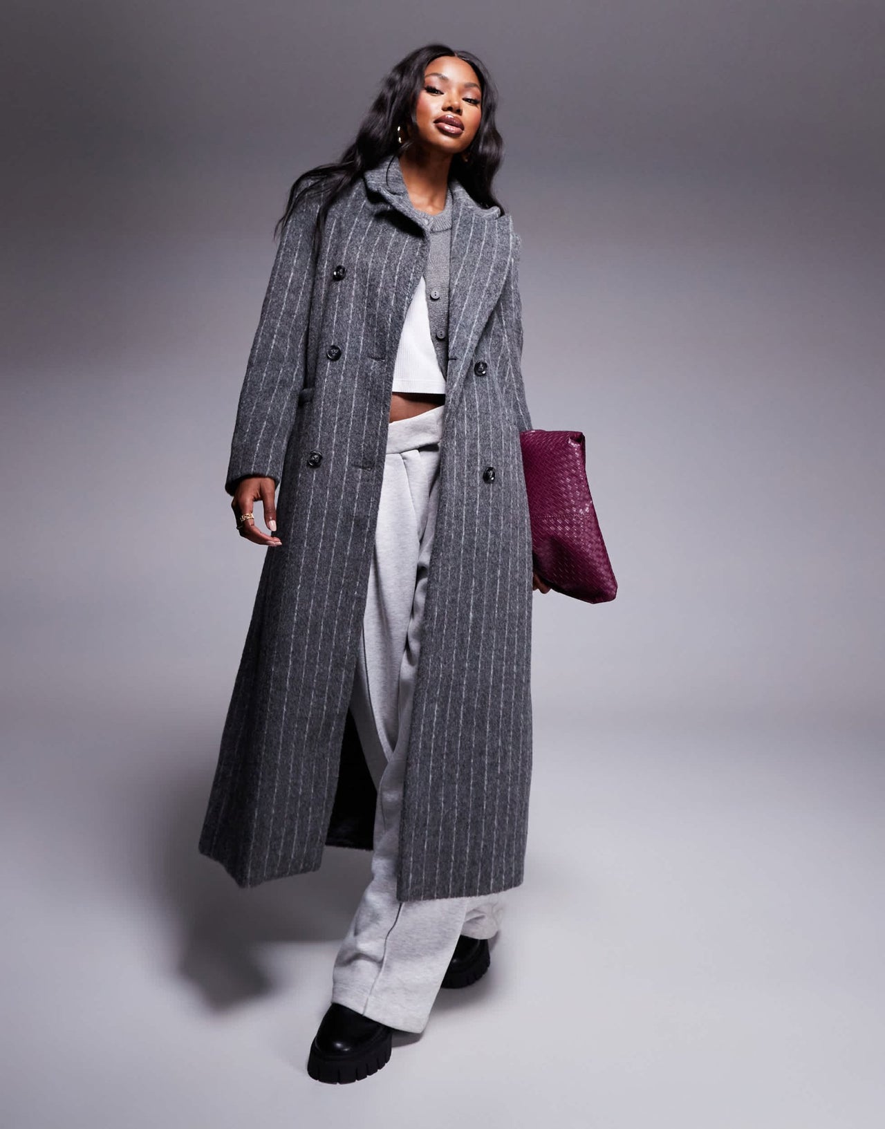 River Island pinstripe double breasted coat in dark grey - ASOS Sample Sale EU Store