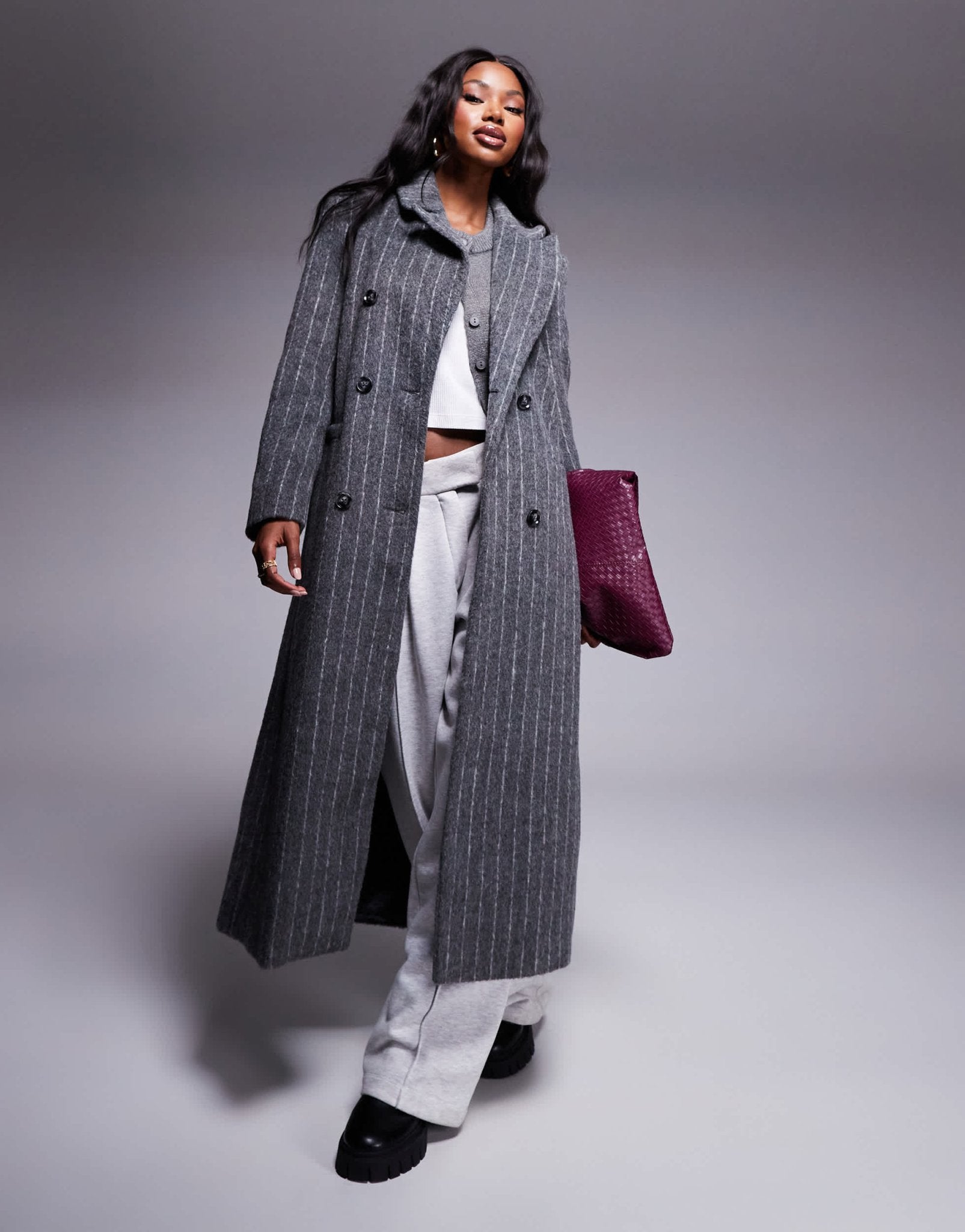 River Island pinstripe double breasted coat in dark grey - ASOS Sample Sale EU Store