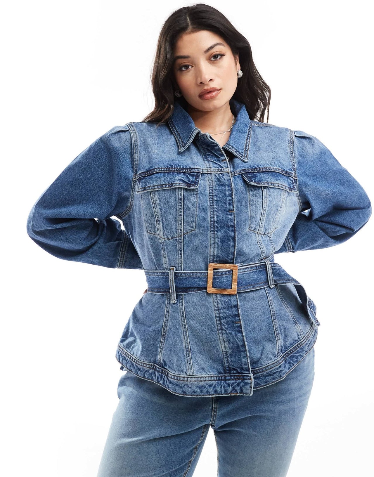 River Island Plus denim jacket with belted waist detail in blue - ASOS Sample Sale EU Store
