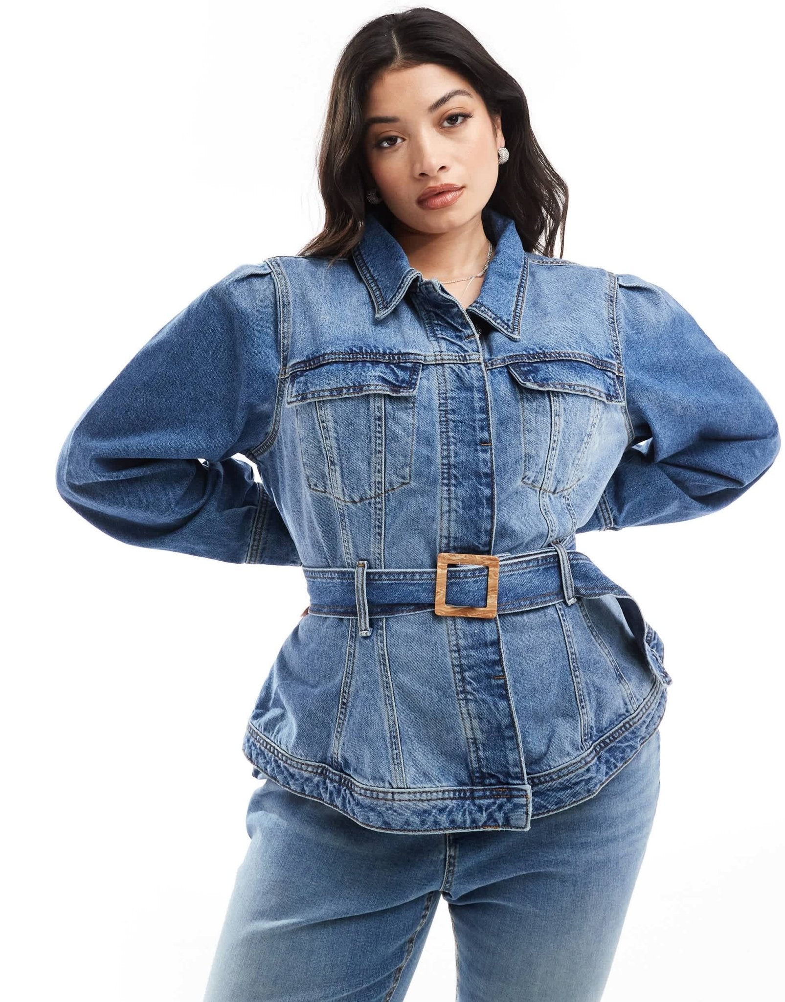 River Island Plus denim jacket with belted waist detail in blue - ASOS Sample Sale EU Store