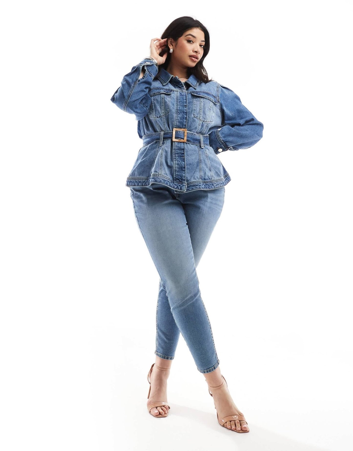 River Island Plus denim jacket with belted waist detail in blue - ASOS Sample Sale EU Store