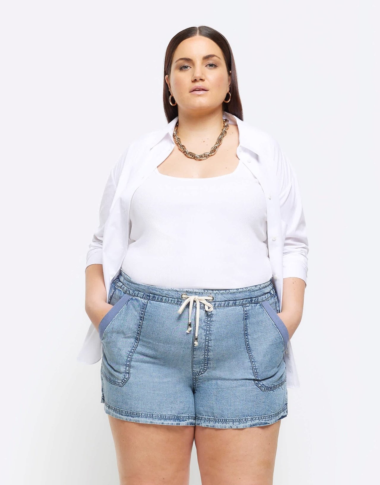 River Island Plus tie waist denim shorts in mid blue wash - ASOS Sample Sale EU Store