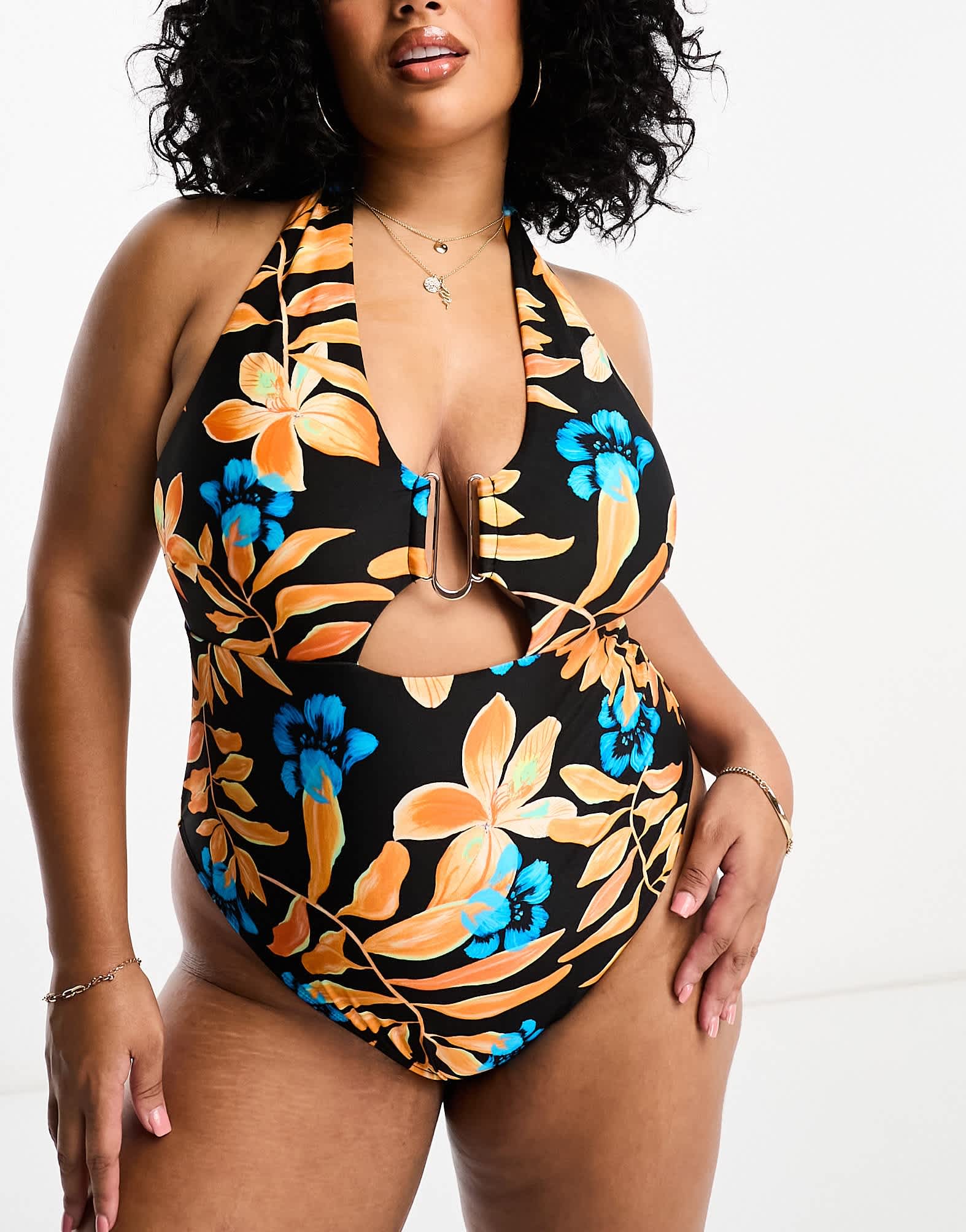 River Island Plus trim halterneck swimsuit in black tropical print - ASOS Sample Sale EU Store