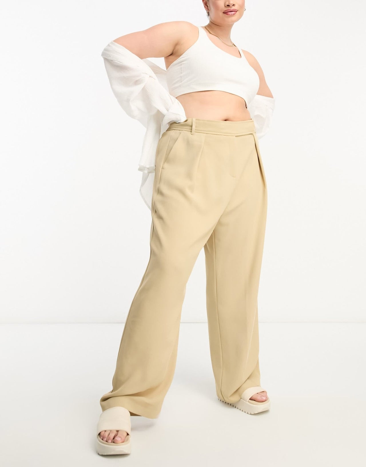 River Island Plus wide leg tailored dad trouser co - ord in beige - ASOS Sample Sale EU Store