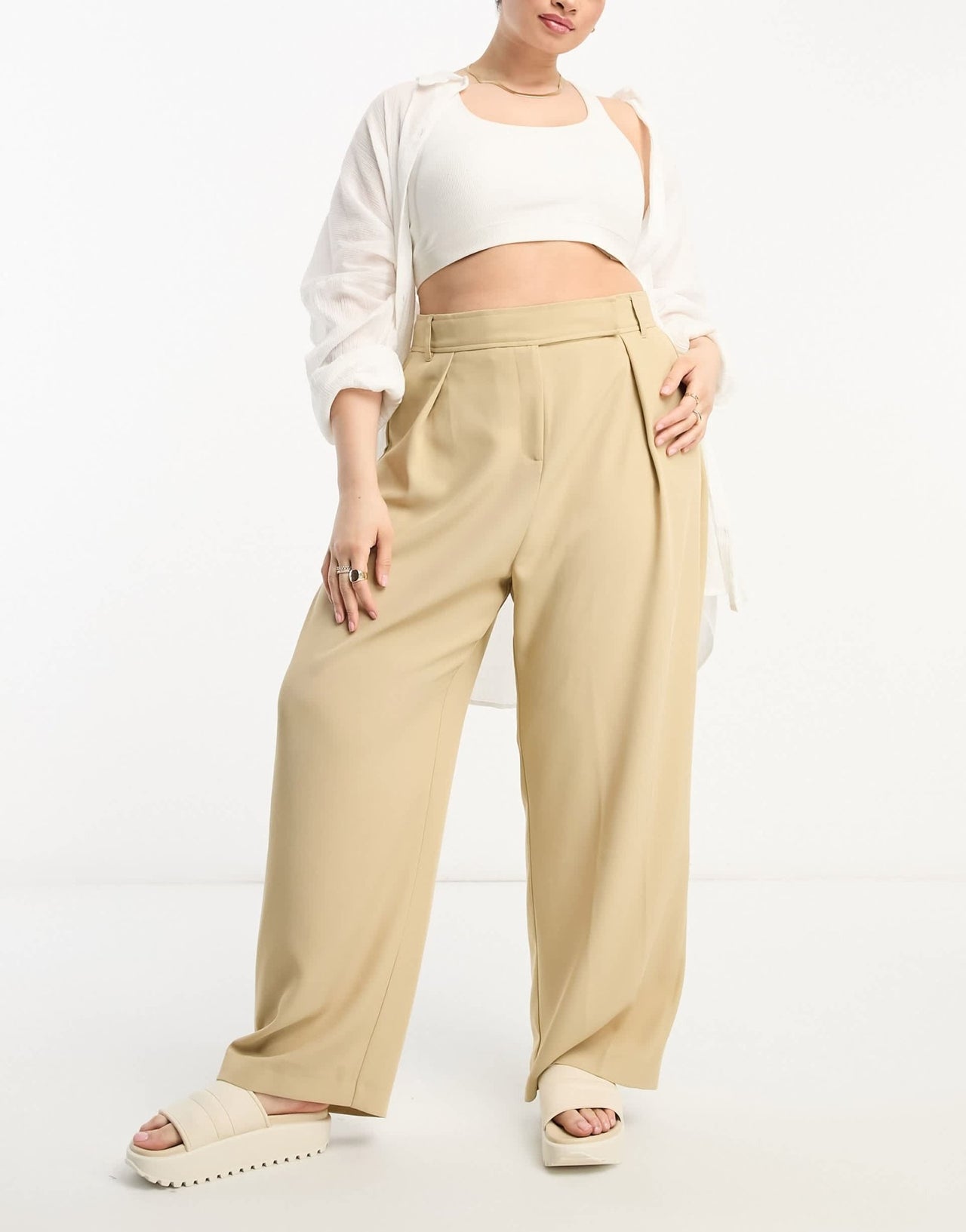 River Island Plus wide leg tailored dad trouser co - ord in beige - ASOS Sample Sale EU Store
