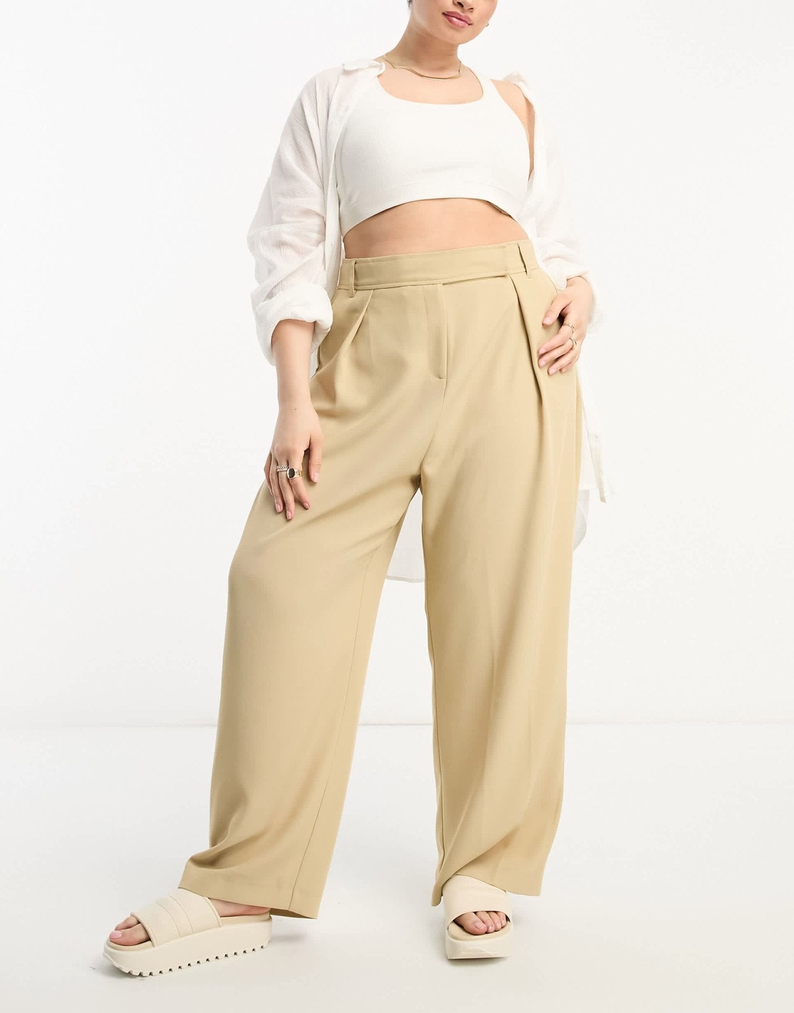River Island Plus wide leg tailored dad trouser co - ord in beige - ASOS Sample Sale EU Store