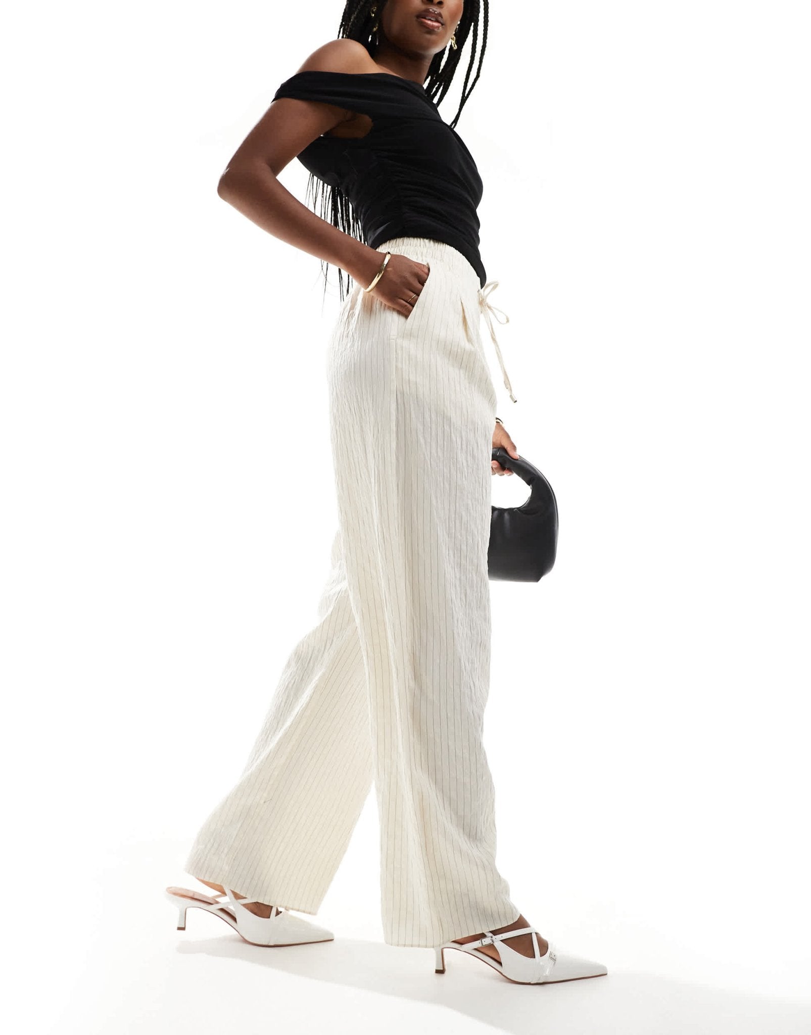 River Island poplin wide leg trouser in cream stripe - ASOS Sample Sale EU Store