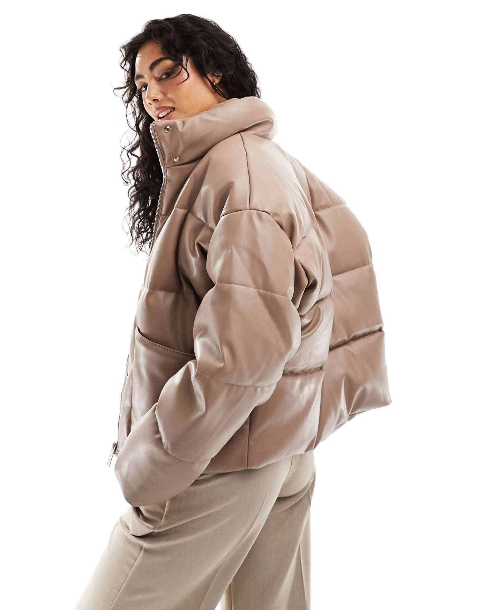 River Island PU puffer jacket in brown - ASOS Sample Sale EU Store