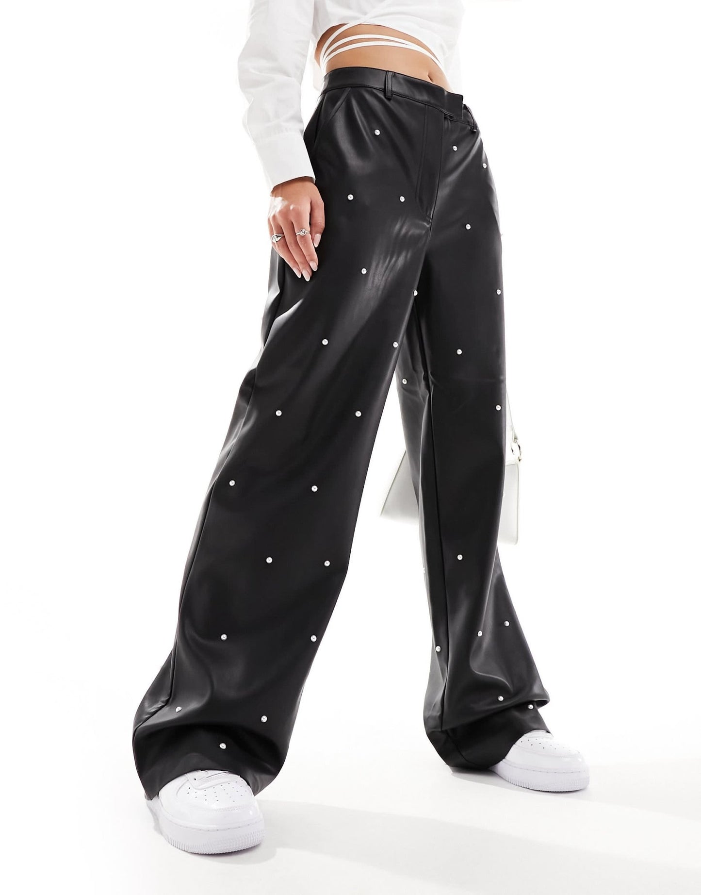 River Island PU trouser with pearl trim in black - ASOS Sample Sale EU Store