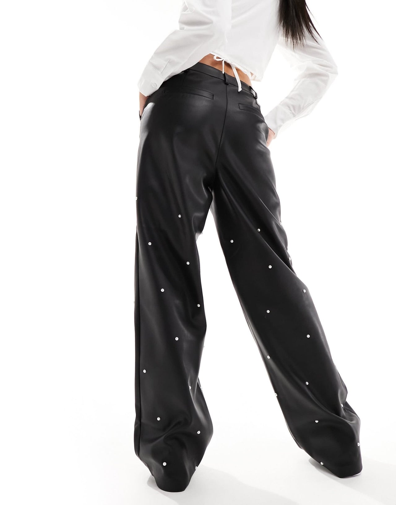 River Island PU trouser with pearl trim in black - ASOS Sample Sale EU Store