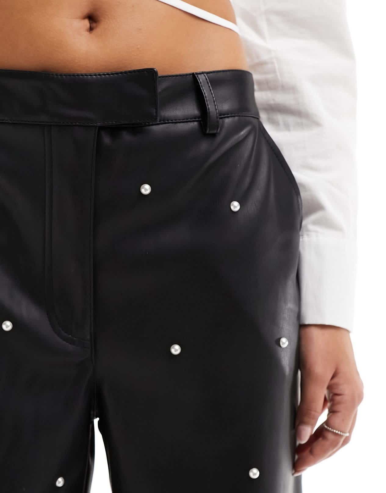 River Island PU trouser with pearl trim in black - ASOS Sample Sale EU Store