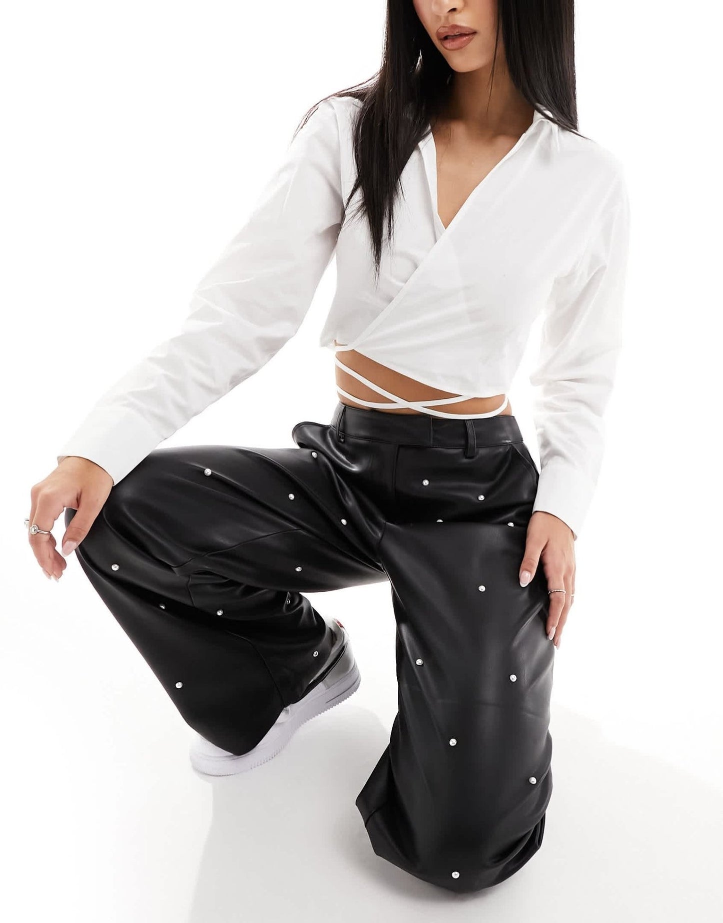 River Island PU trouser with pearl trim in black - ASOS Sample Sale EU Store