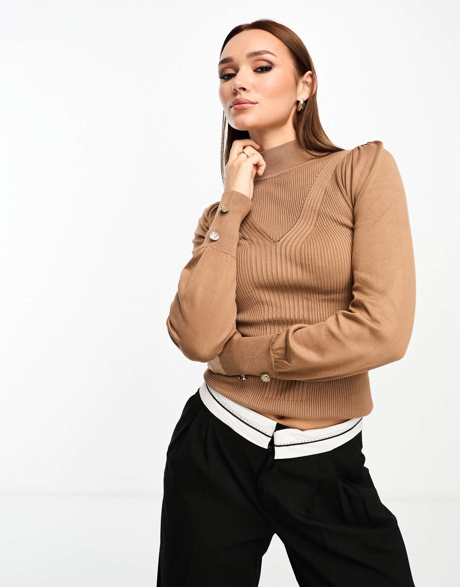 River Island puff sleeve knit top with button detail in camel - ASOS Sample Sale EU Store