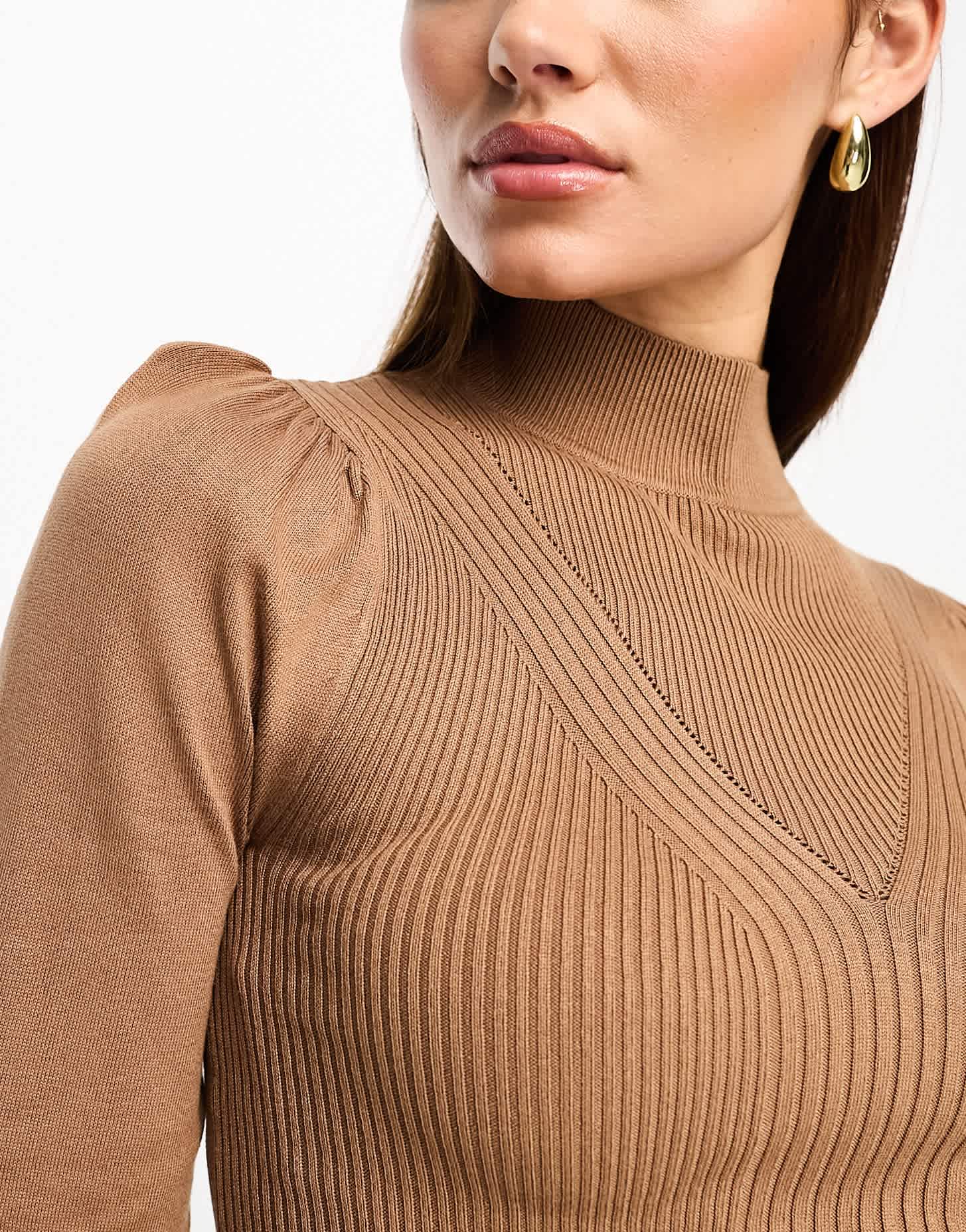 River Island puff sleeve knit top with button detail in camel - ASOS Sample Sale EU Store