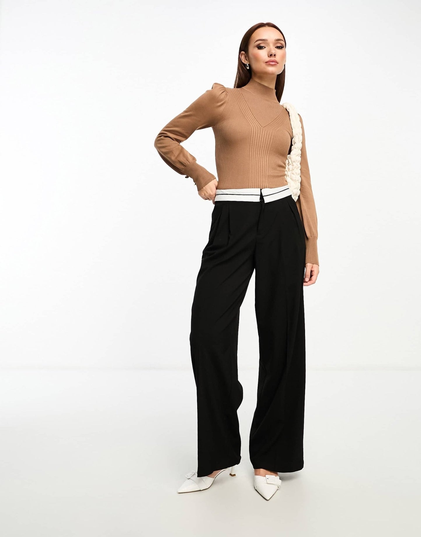 River Island puff sleeve knit top with button detail in camel - ASOS Sample Sale EU Store